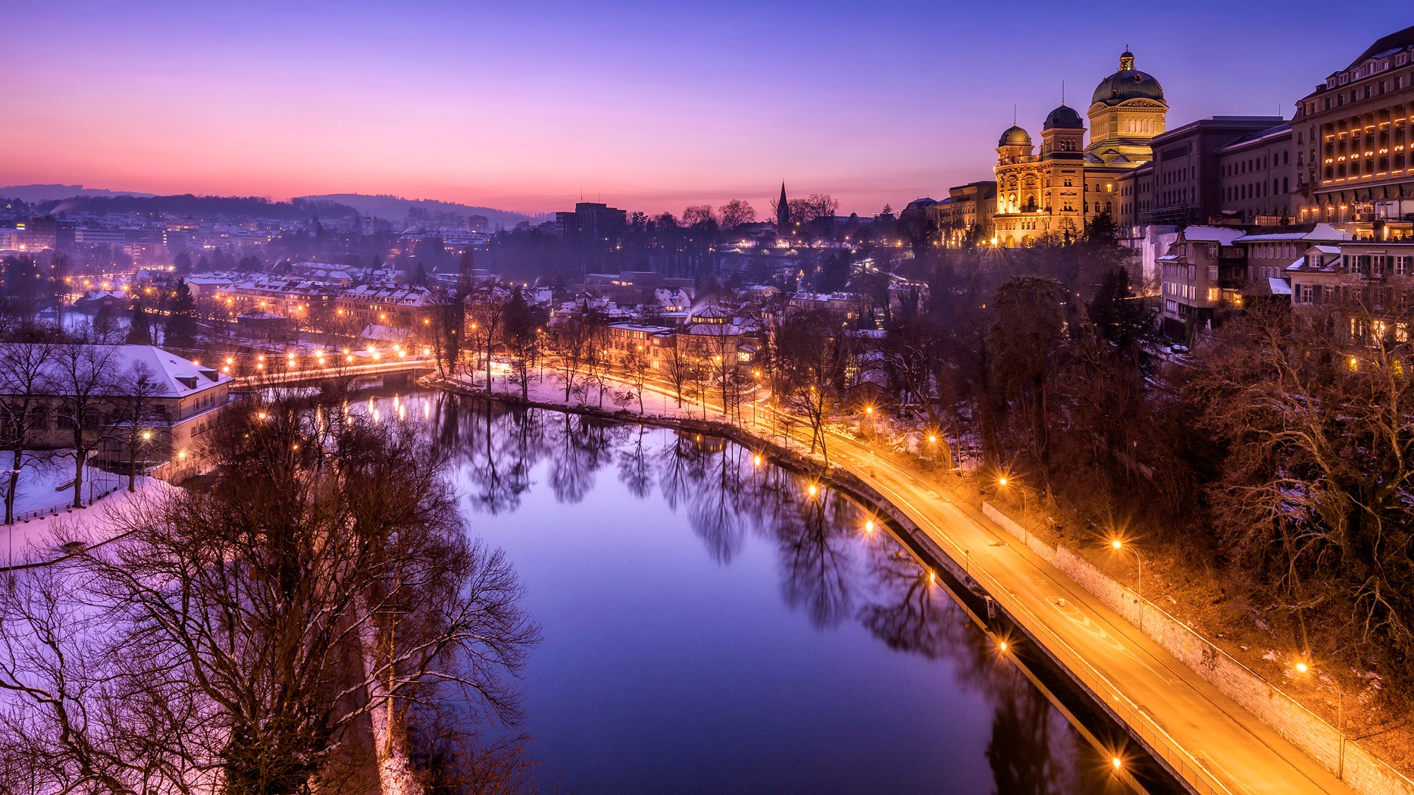 Bern, Switzerland at twilight with river and illuminated buildings HD Wallpaper