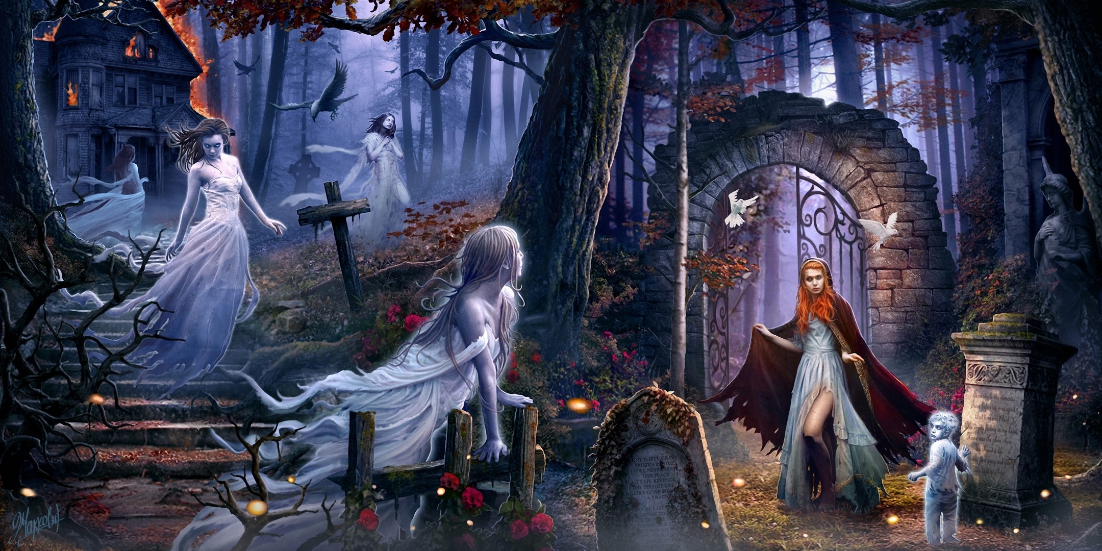 Ghosts in a haunted forest with a stone archway HD Wallpaper