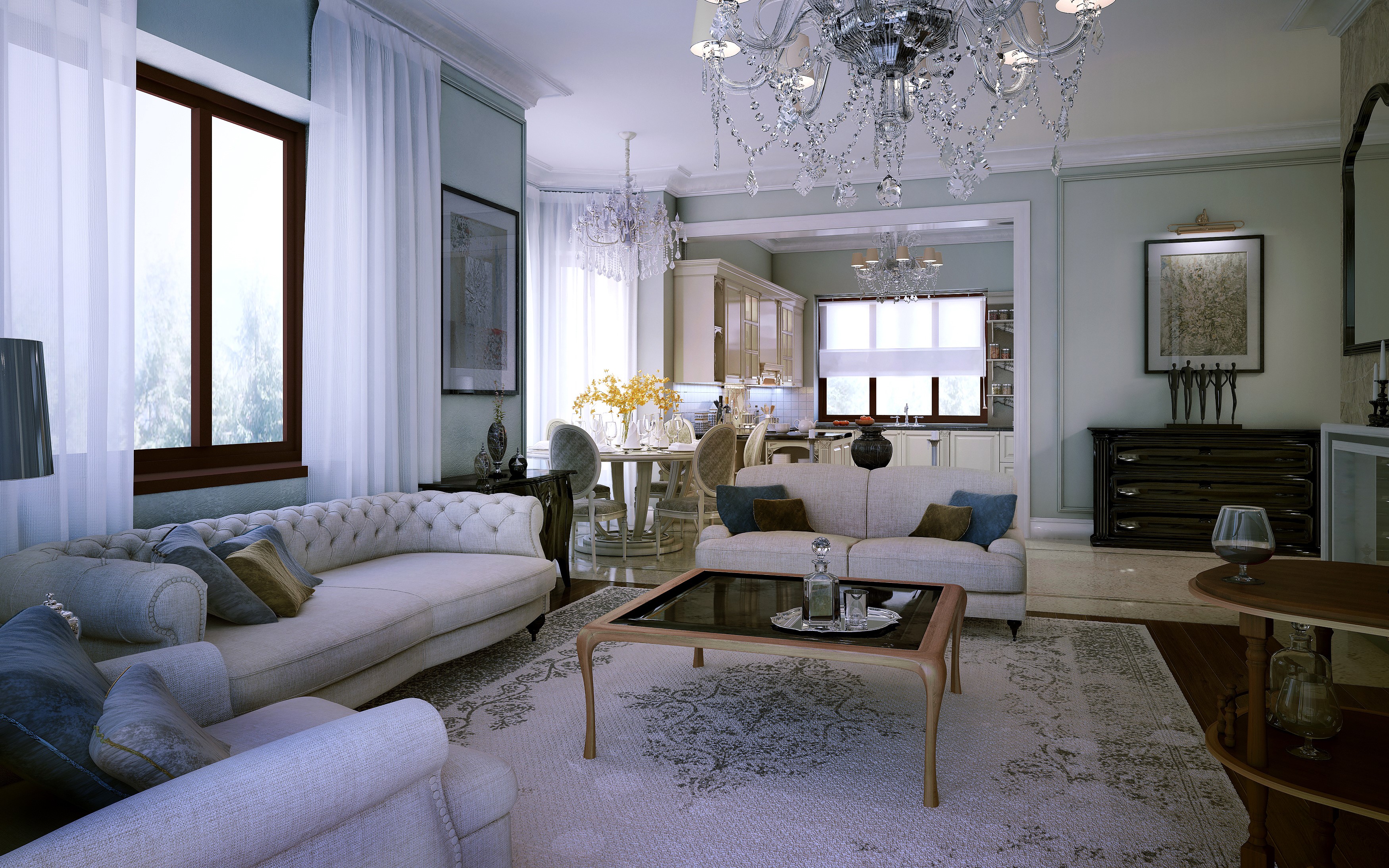 Elegant living room with chandeliers and sofas HD Wallpaper