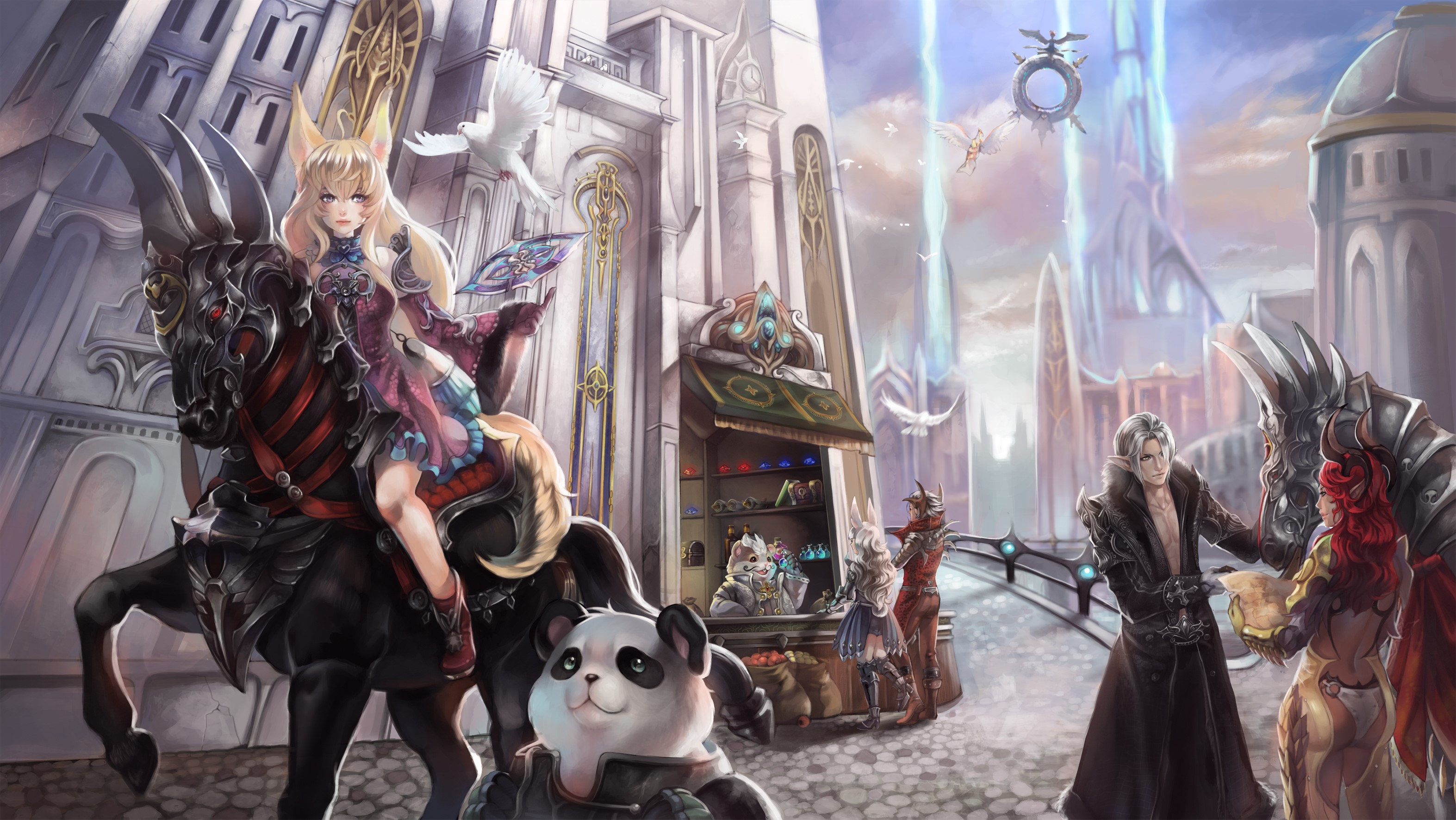 Tera: A fox-eared woman rides a horse in a fantasy city HD Wallpaper