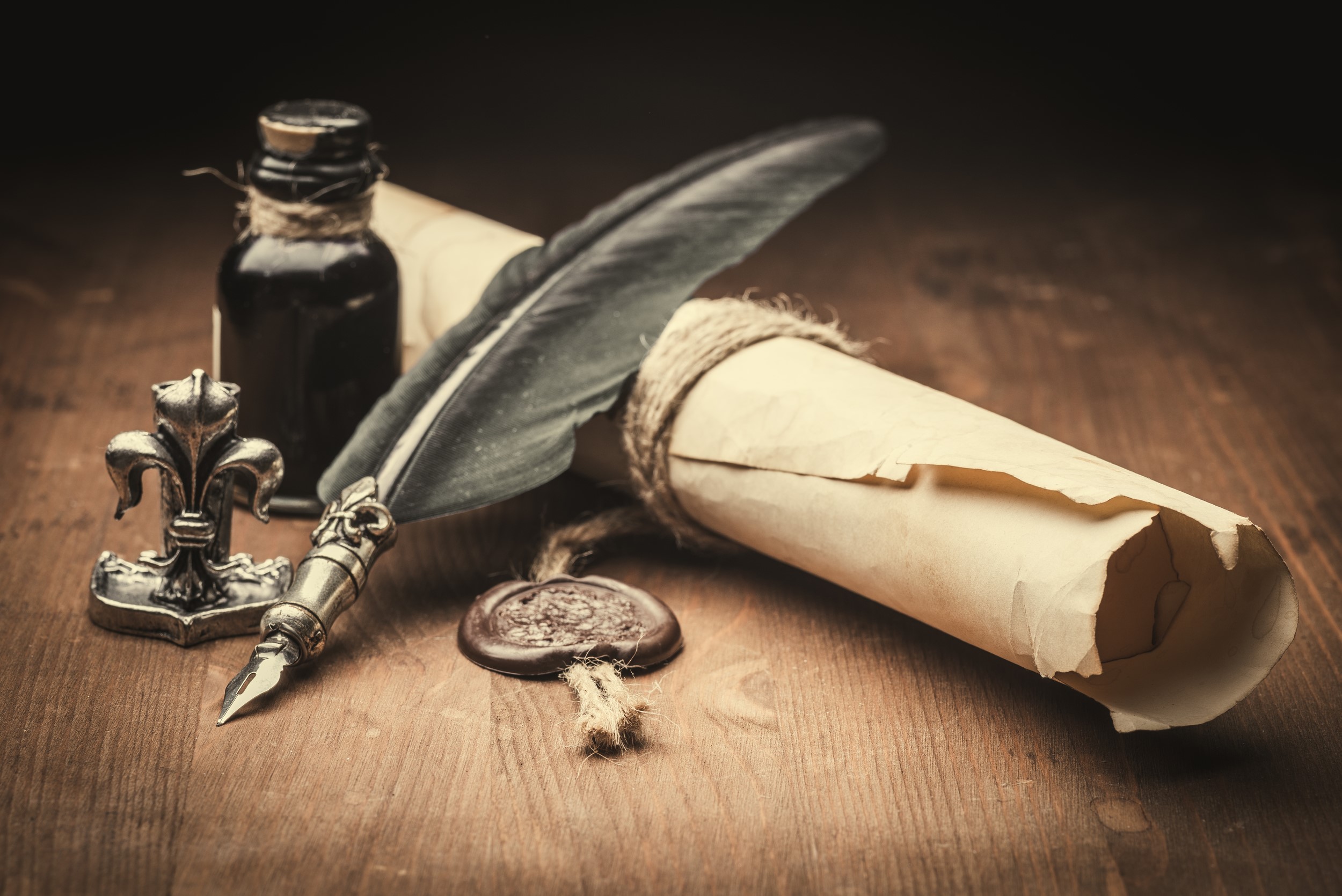 Quill, Inkwell, Scroll, and Wax Seal on Wooden Table HD Wallpaper
