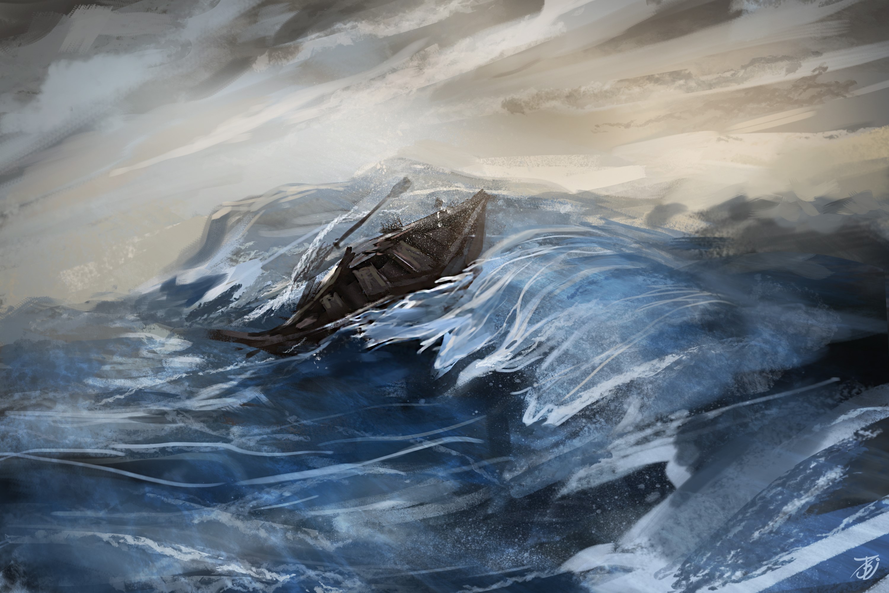 A small boat tossed in rough seas HD Wallpaper