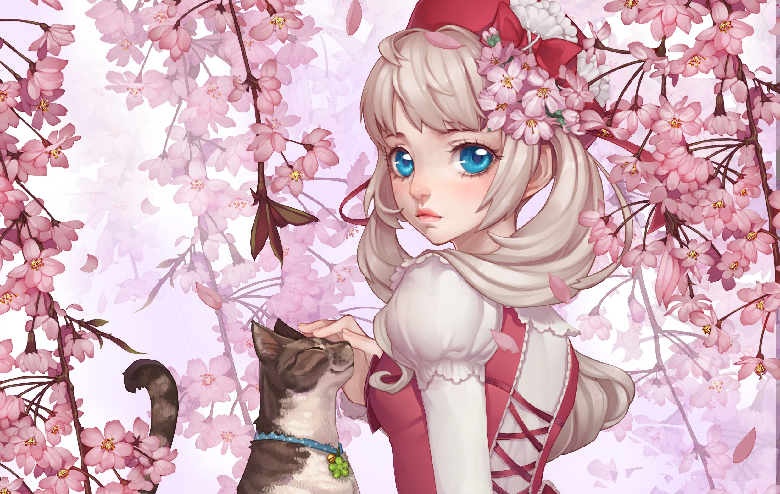 Girl petting a cat among cherry blossoms HD Wallpaper