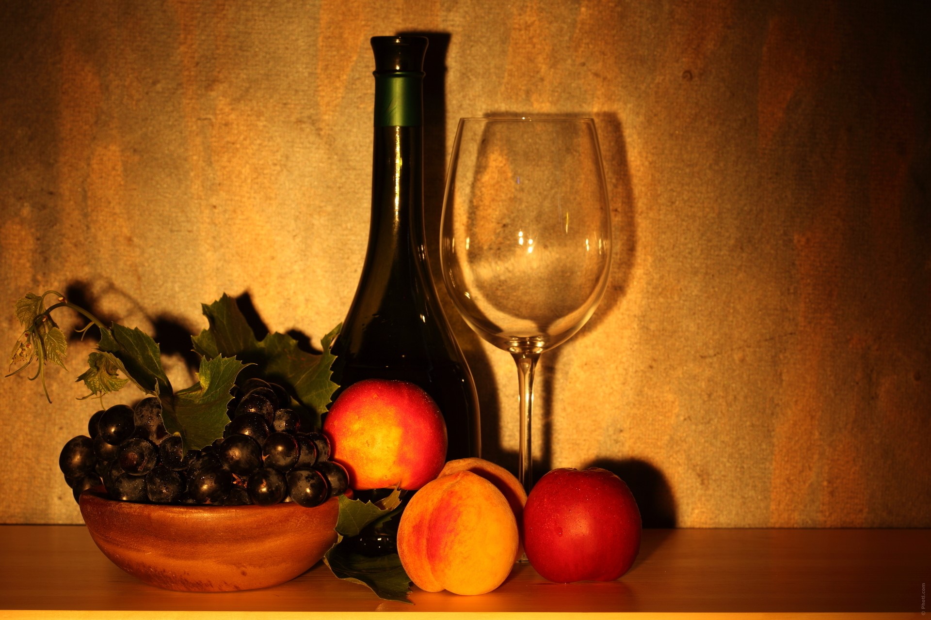 Still life with wine bottle, grapes, peaches, and wine glass HD Wallpaper