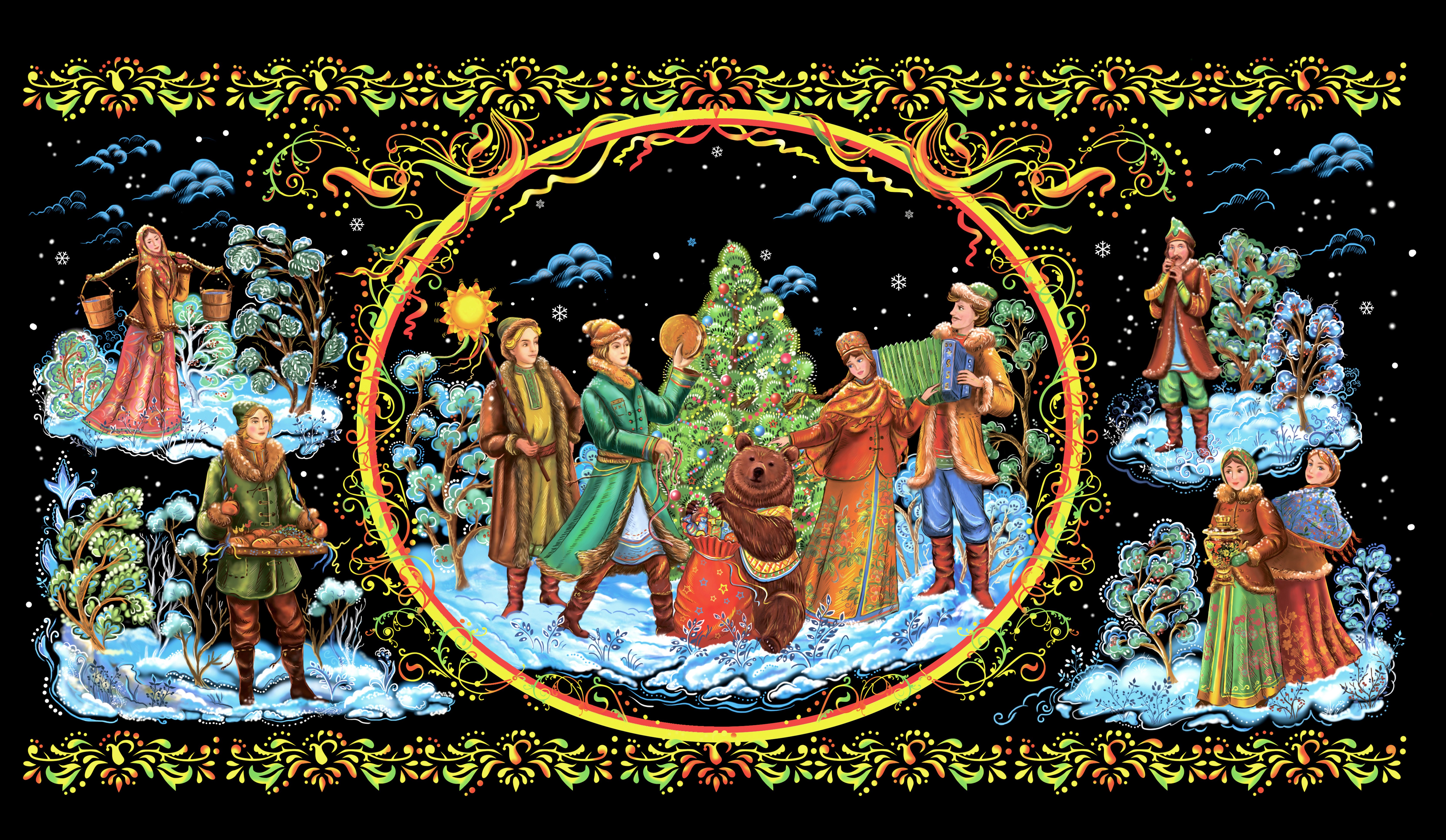 Palekh painting of a winter Christmas celebration HD Wallpaper