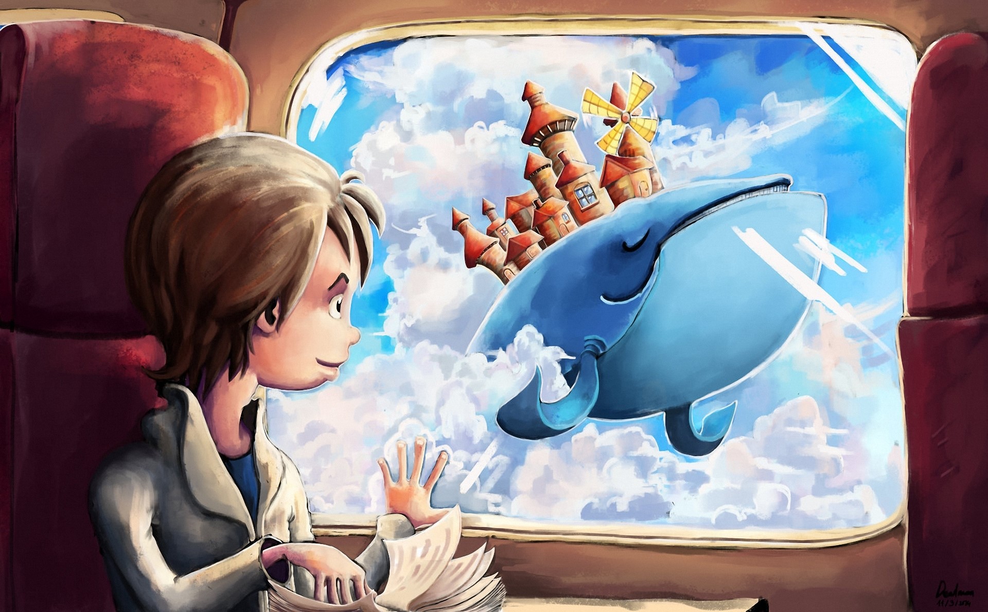Boy looking at a whale with a castle in the sky HD Wallpaper
