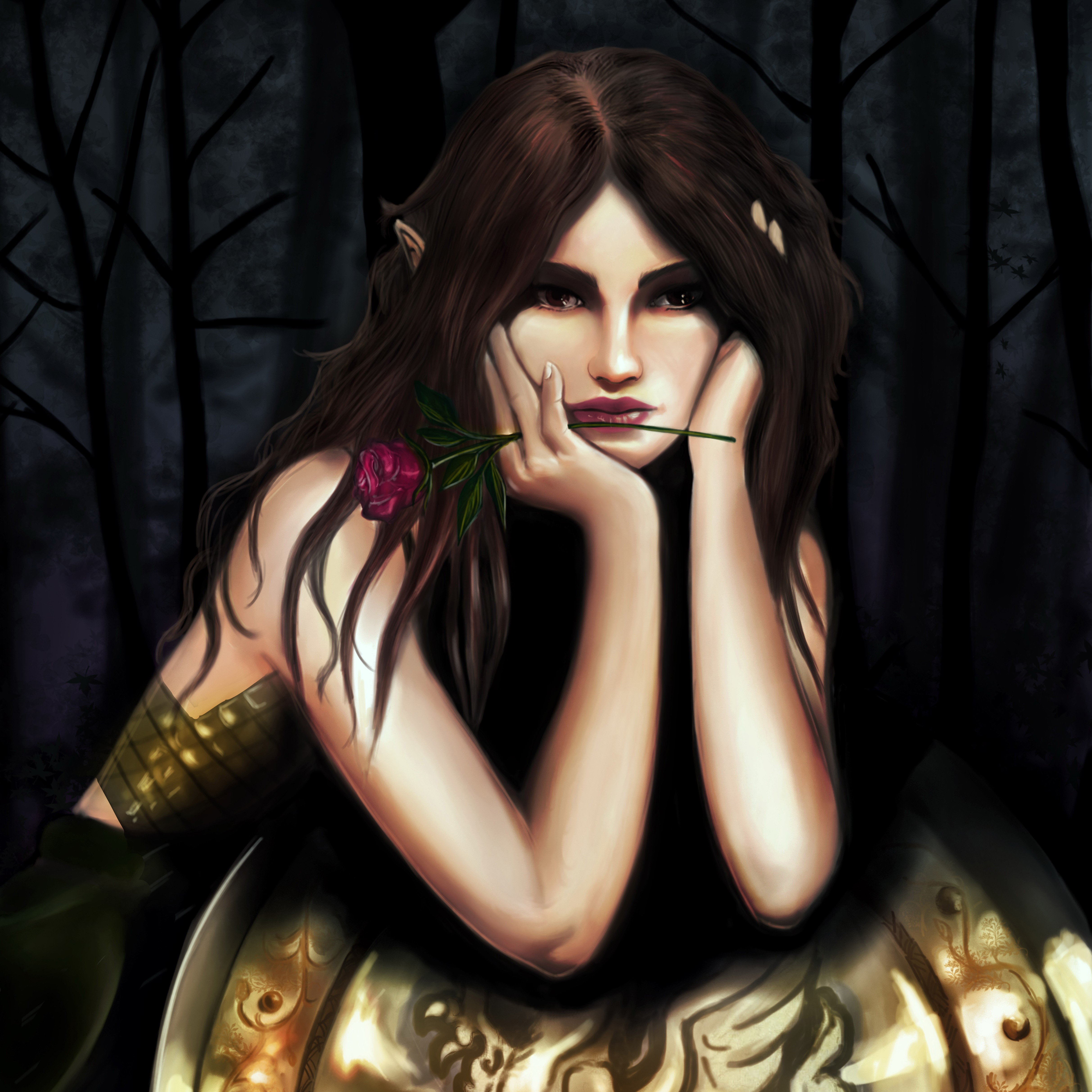 4K Elves with Brown Hair Holding a Rose HD Wallpaper