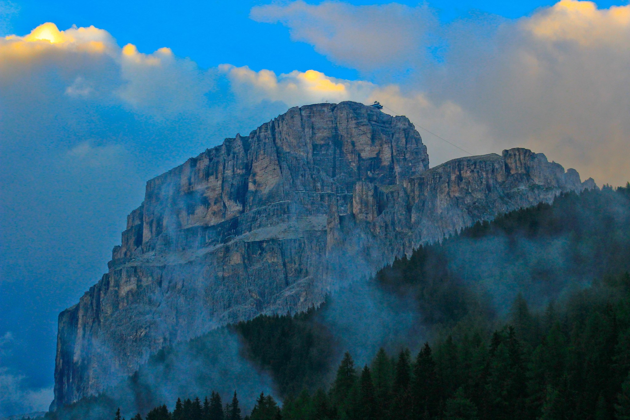 Misty mountain peak with cable car HD Wallpaper