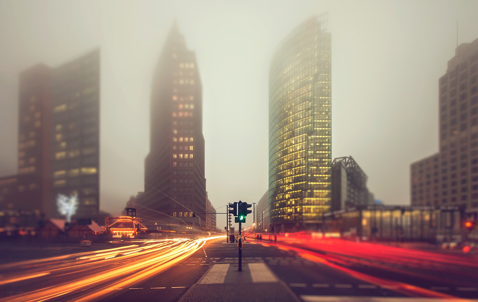 Berlin street in fog with light trails HD Wallpaper