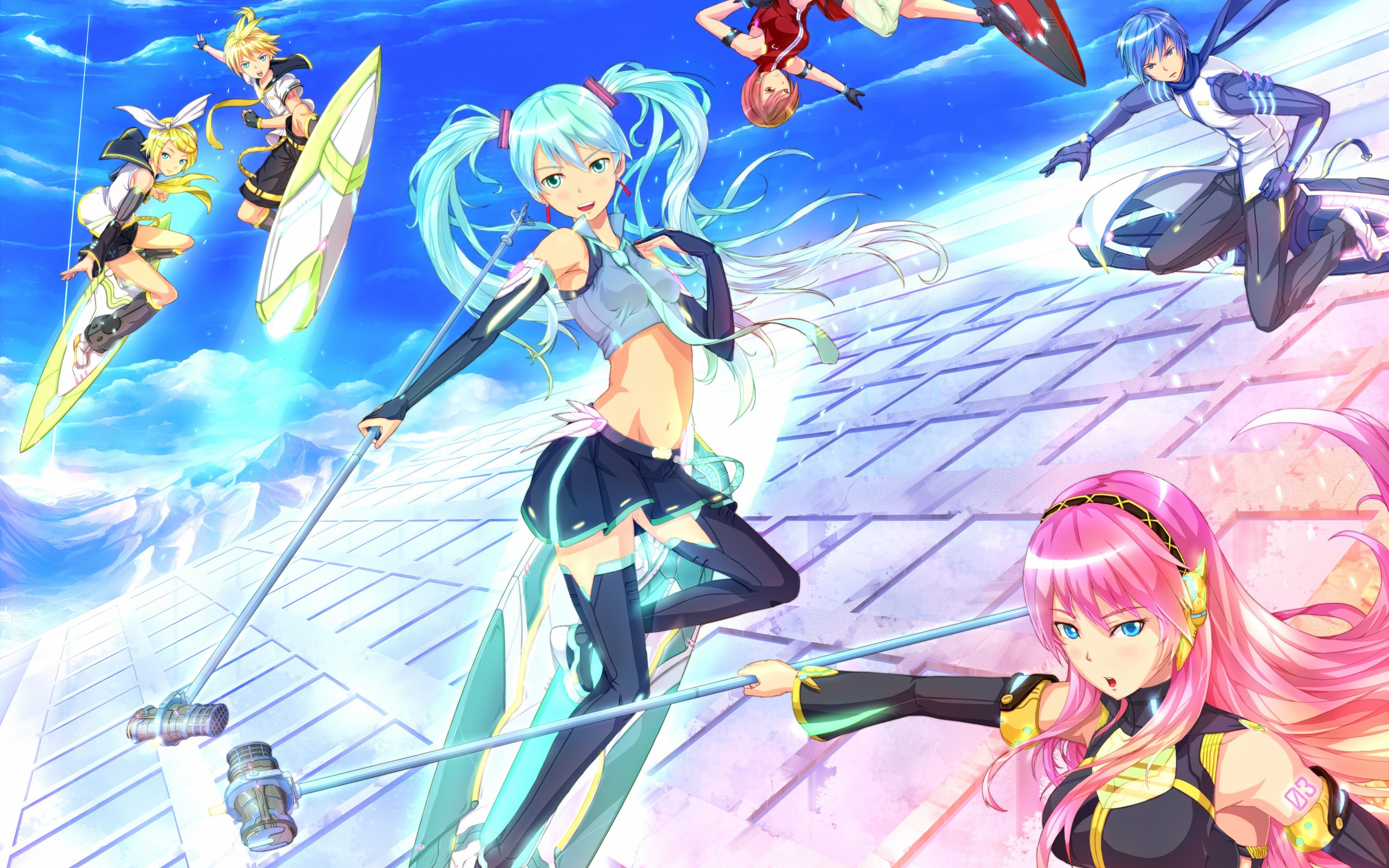 Vocaloid characters on a rooftop with sky background HD Wallpaper