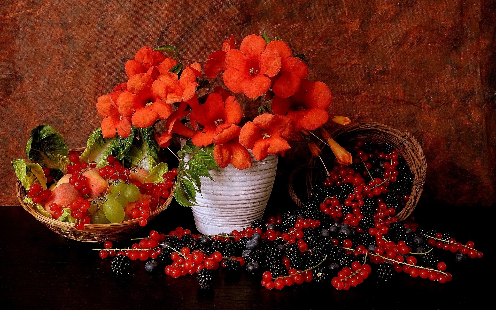 Still life with berries, fruits, and flowers HD Wallpaper