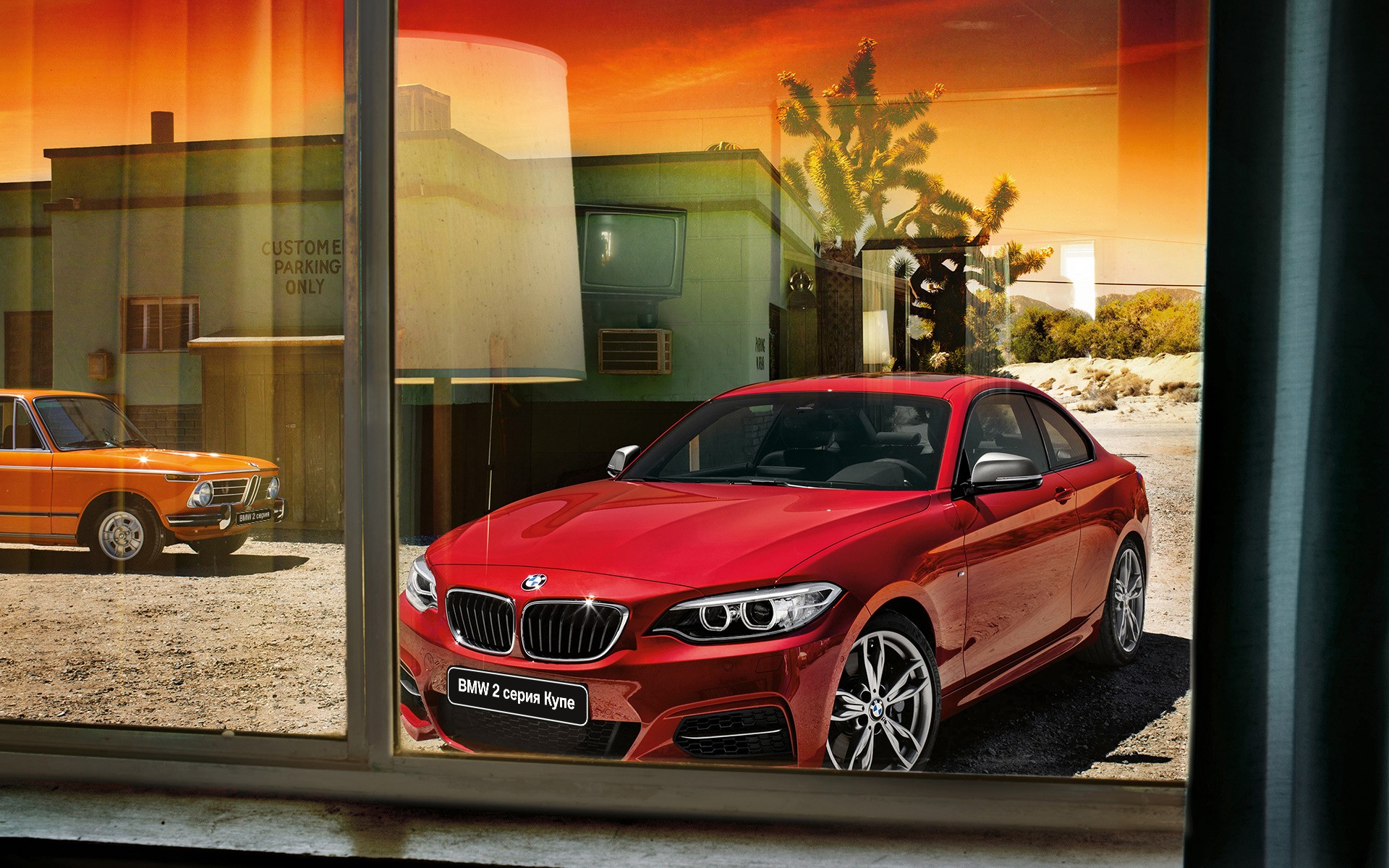 Red BMW 2 Series Coupe and Orange BMW 2002 HD Wallpaper