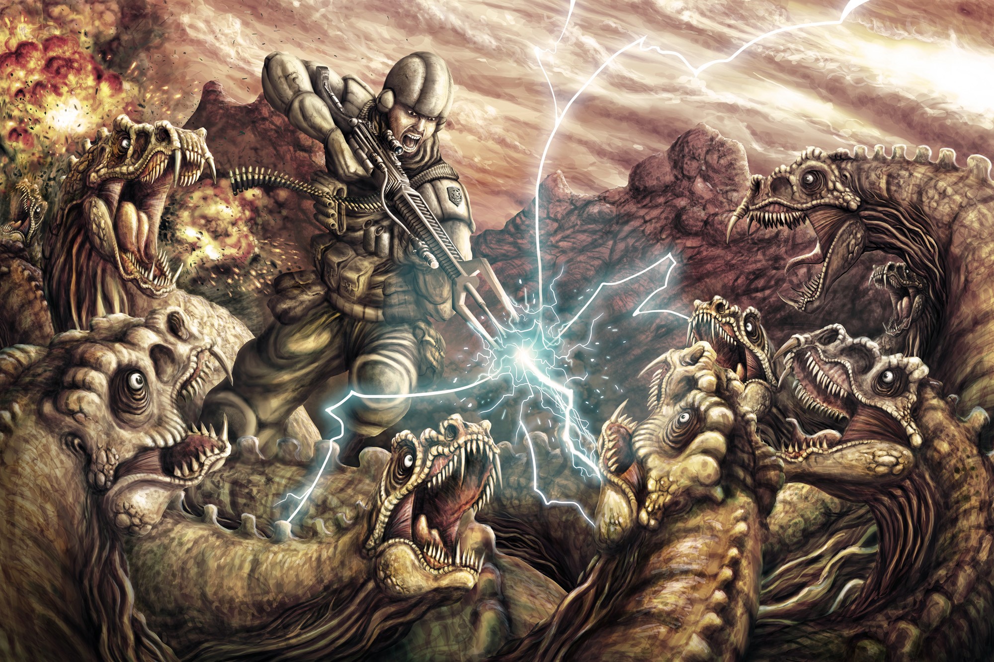 Soldier fighting dinosaurs with lightning gun HD Wallpaper