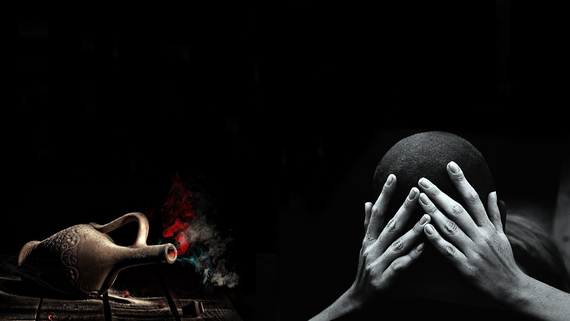 Man covering face near ancient jug with smoke HD Wallpaper
