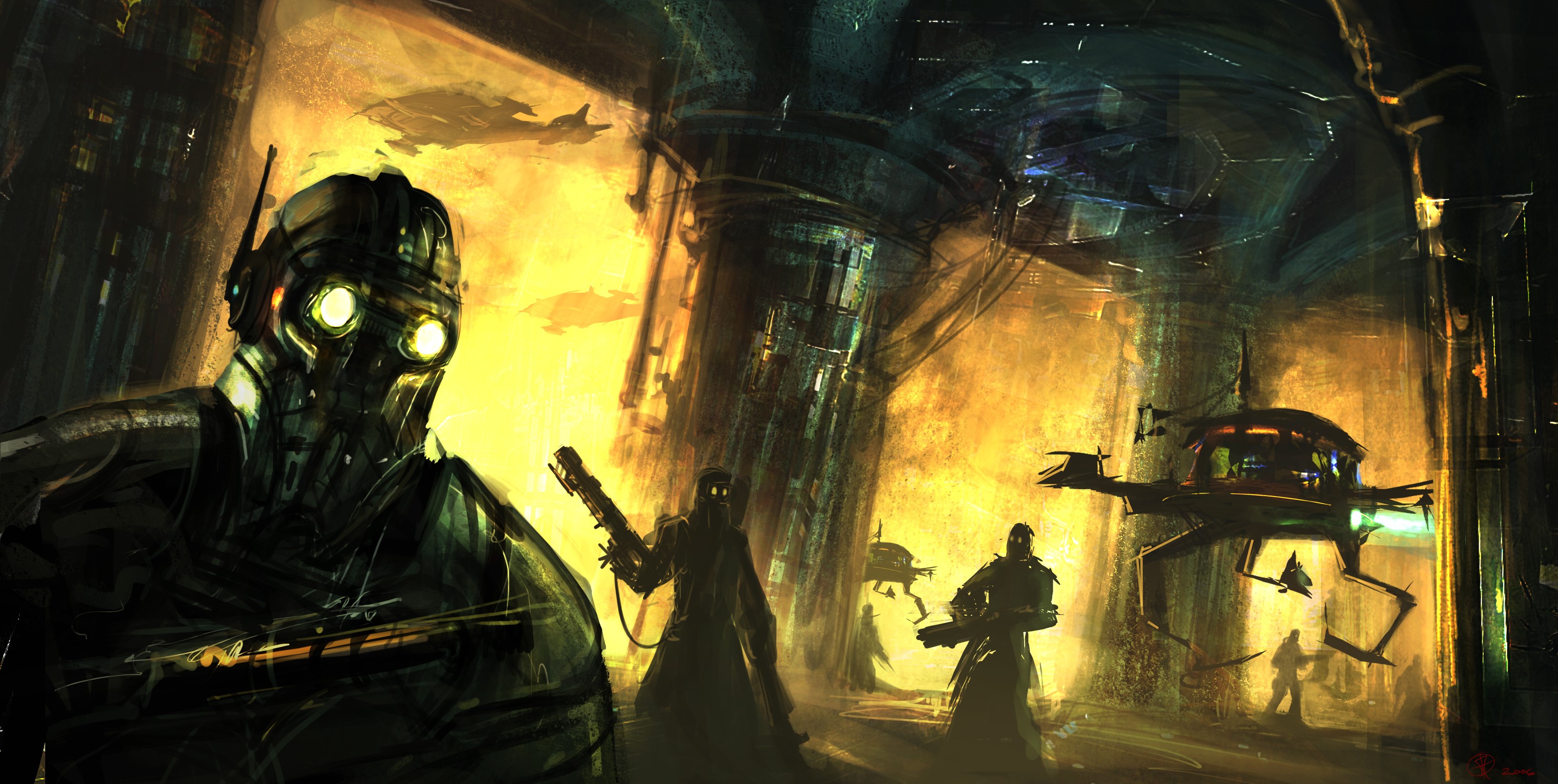 Warriors in a dystopian industrial setting HD Wallpaper