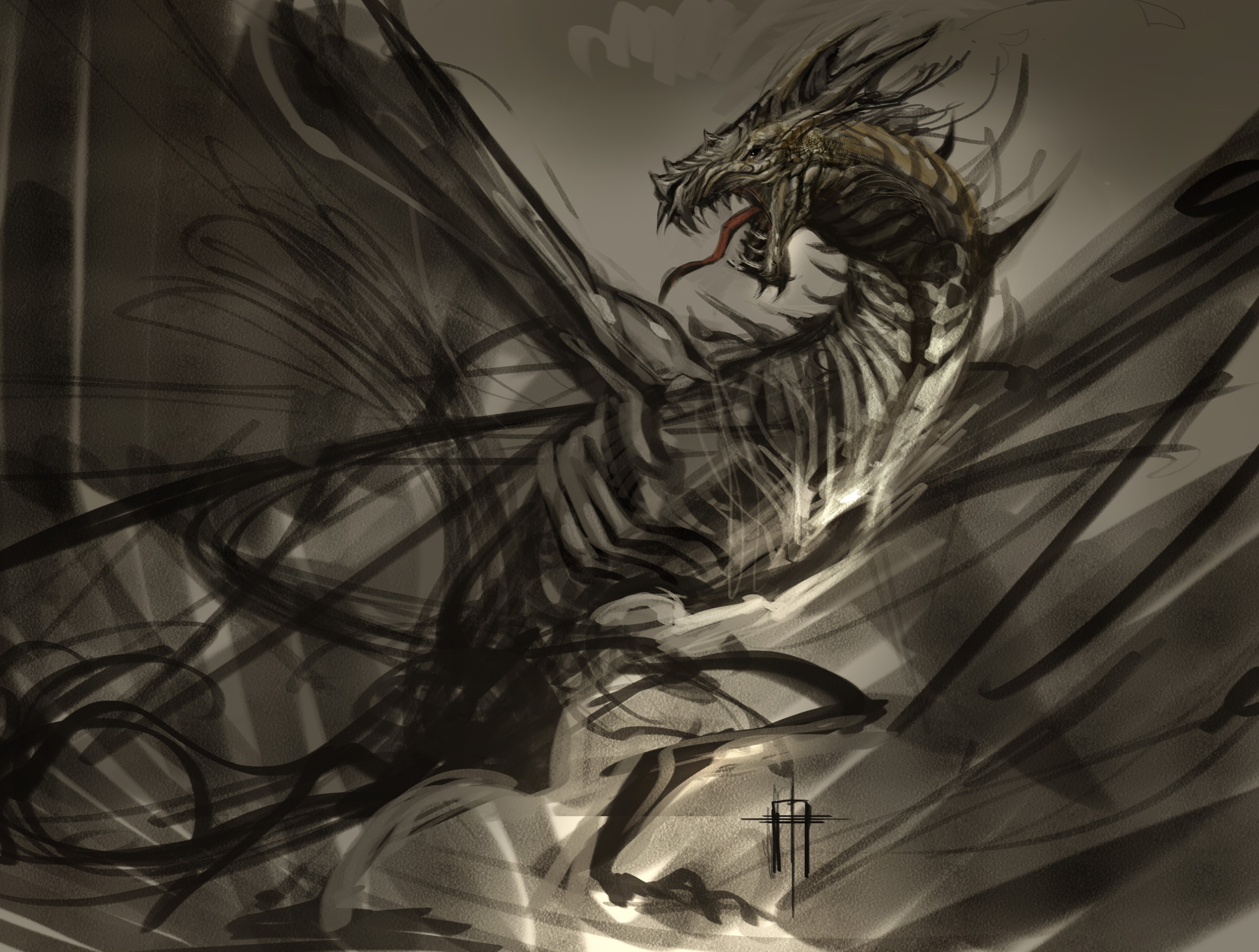 A dark, skeletal dragon with wings spread HD Wallpaper