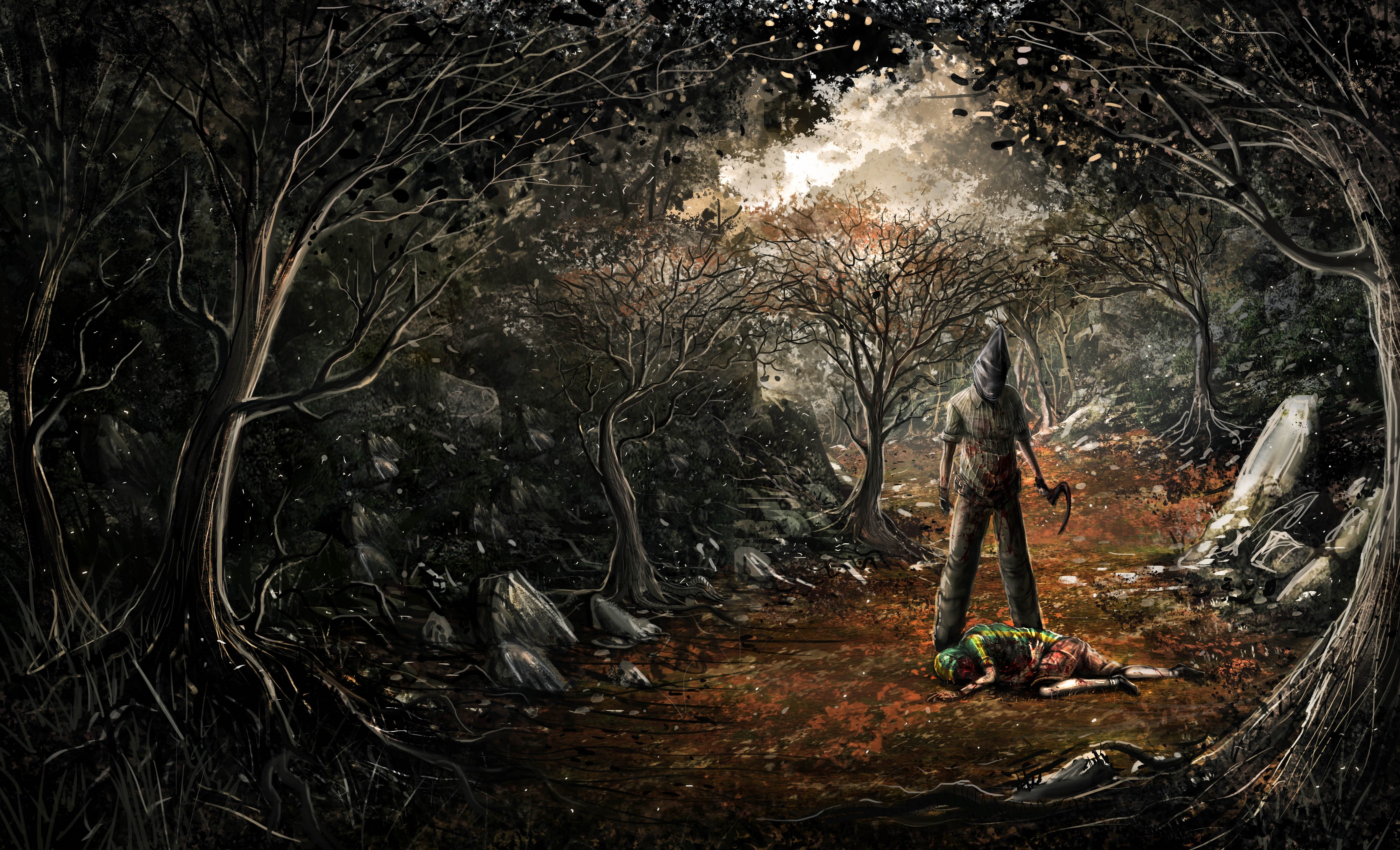 Monster in a dark forest with a victim HD Wallpaper