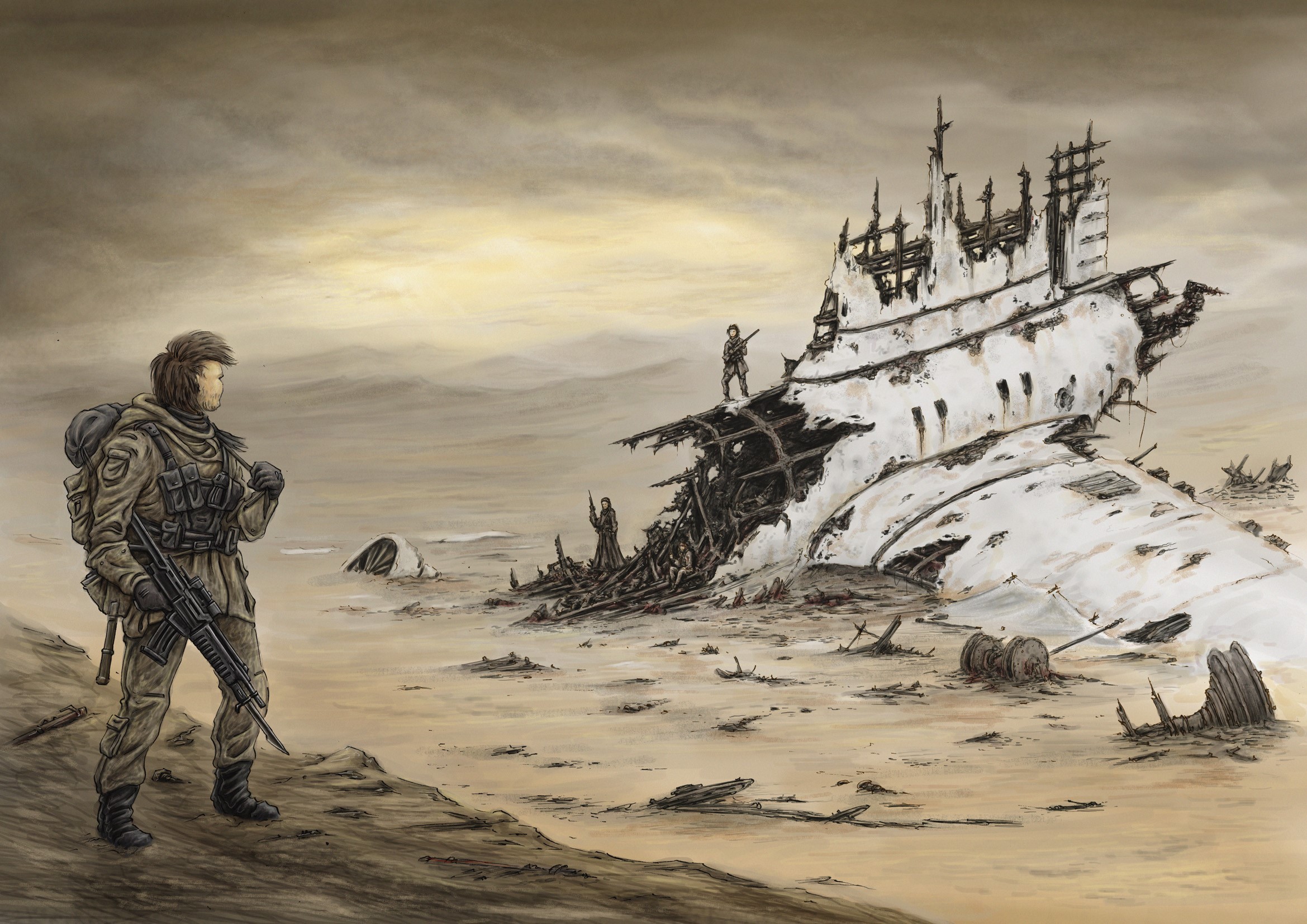 Soldiers in a post-apocalyptic landscape with a shipwreck HD Wallpaper
