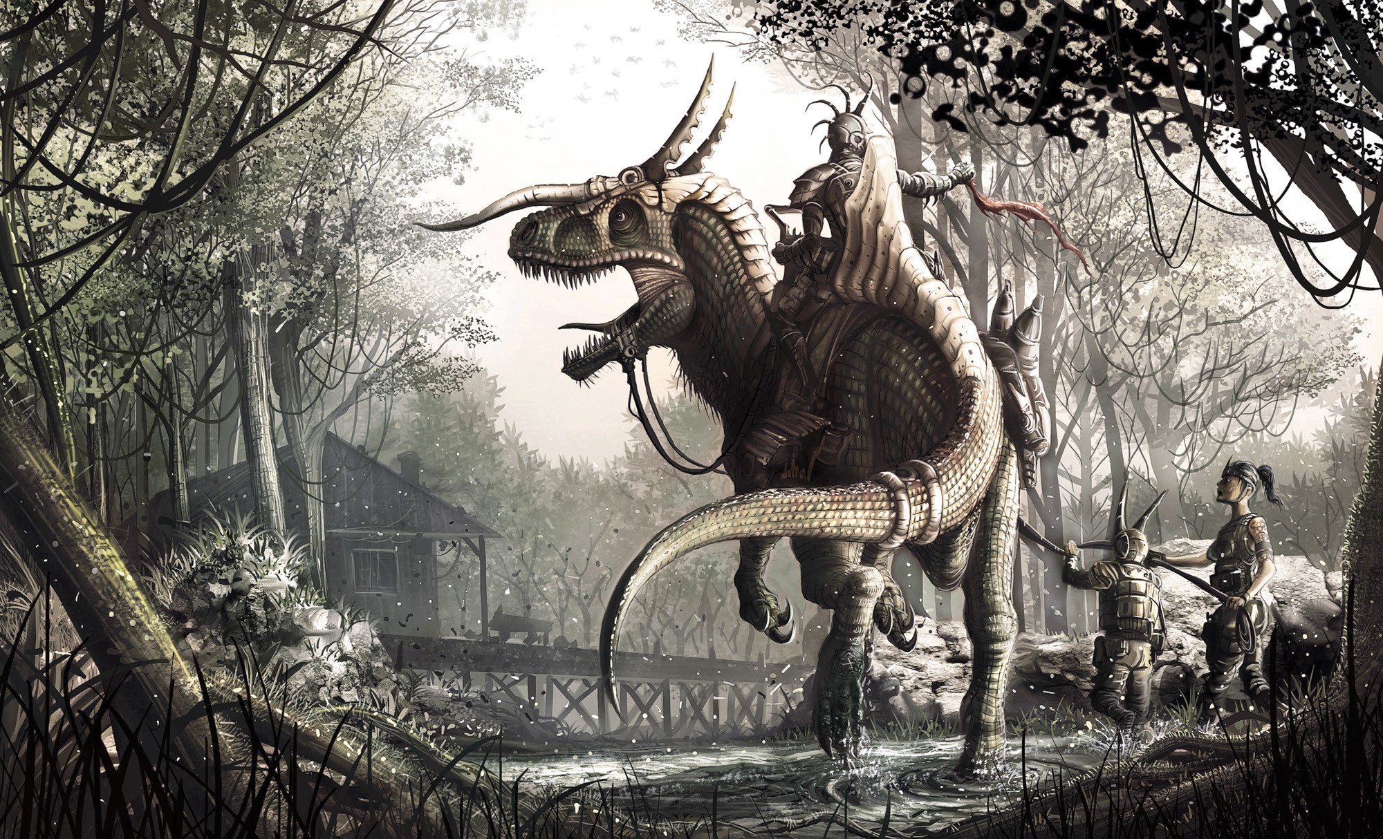 Warriors riding a dinosaur in a forest HD Wallpaper
