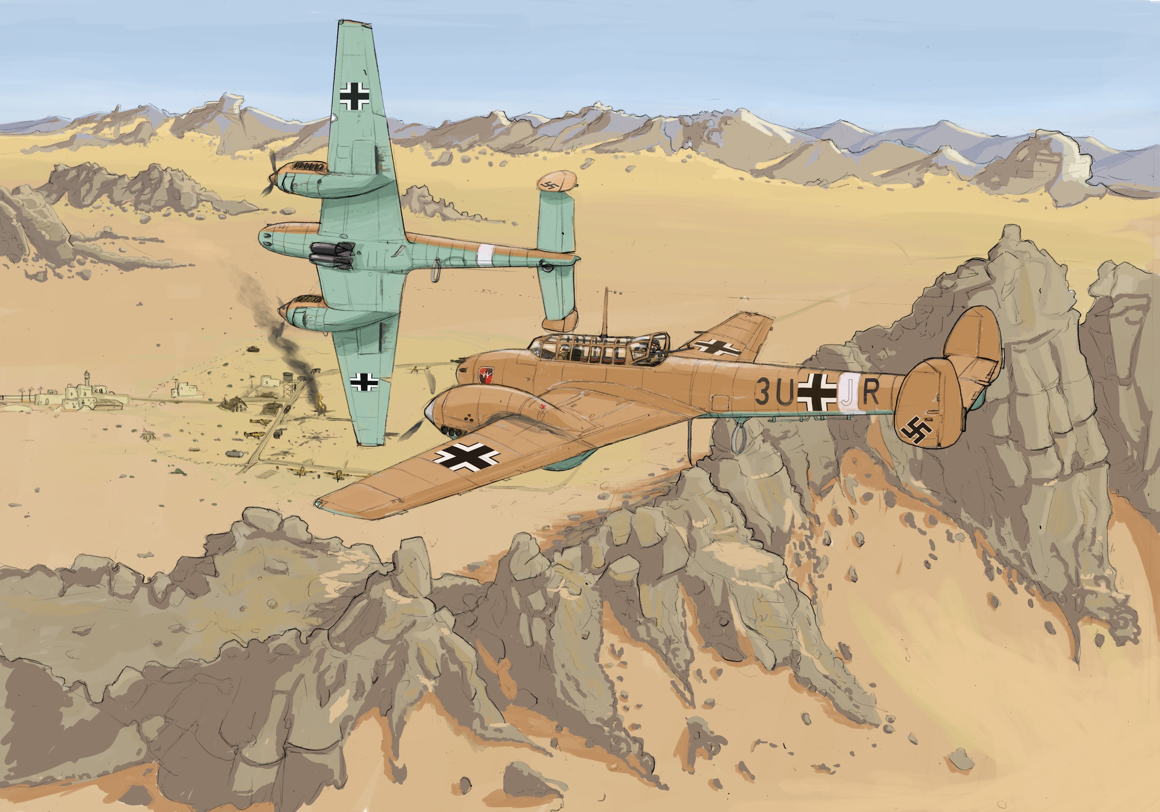 Two German WWII Airplanes in Desert Landscape HD Wallpaper