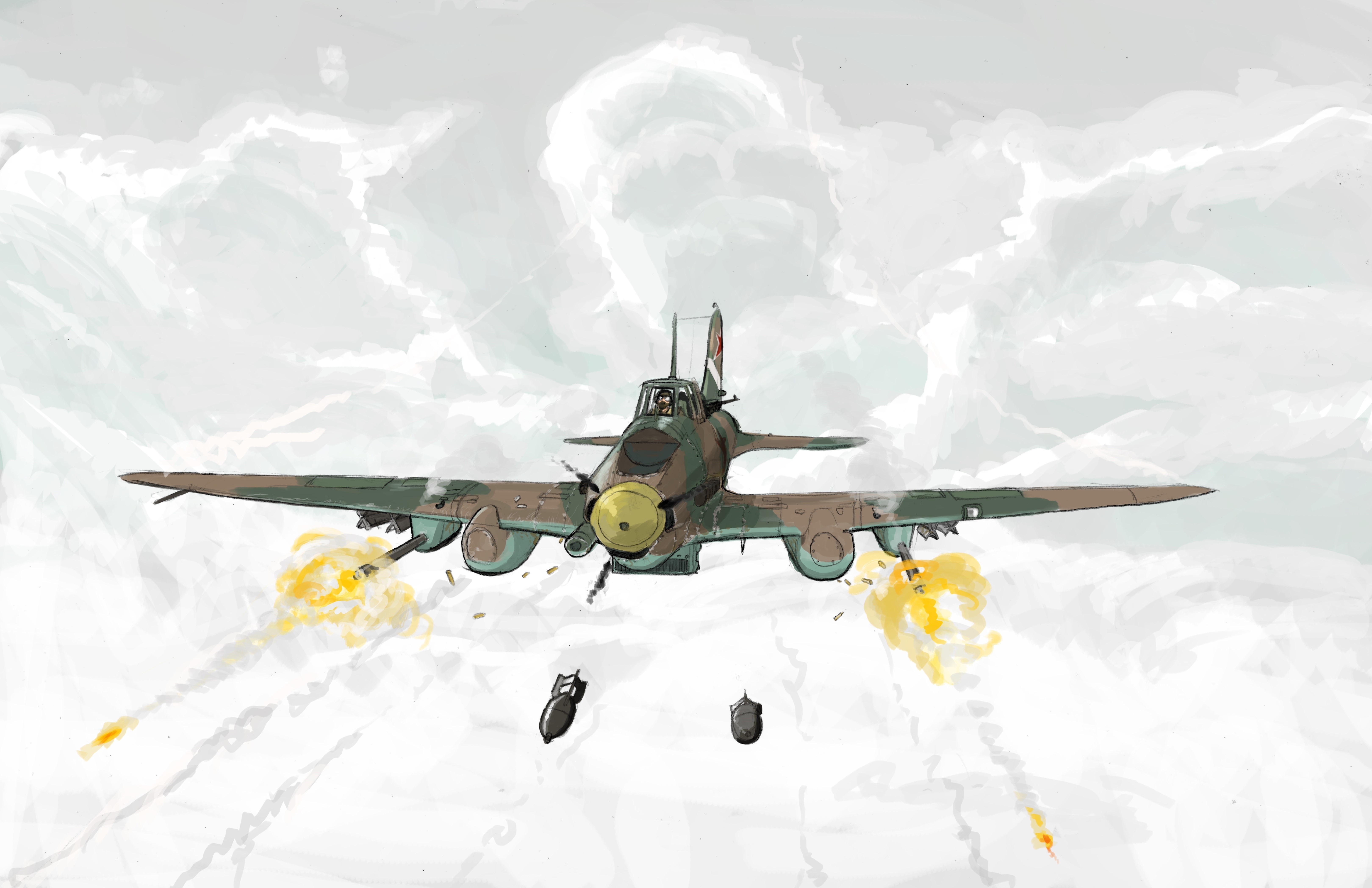Airplane Firing Bombs and Shells in Clouds HD Wallpaper