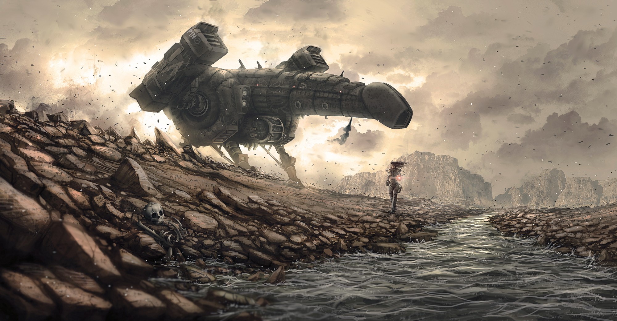 A lone woman and a crashed alien ship in a desolate landscape HD Wallpaper