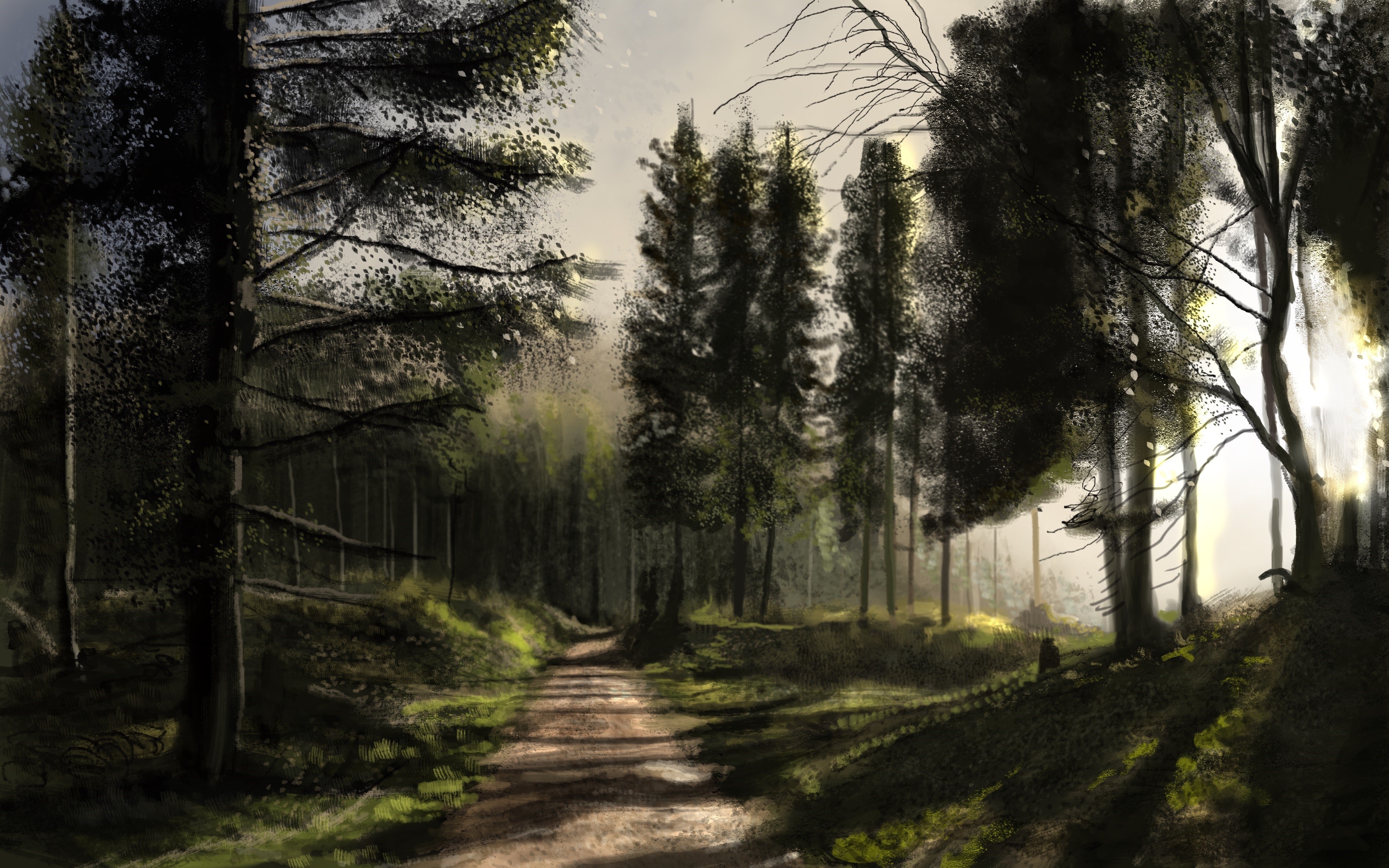 Digital painting of a forest path with sunlight HD Wallpaper