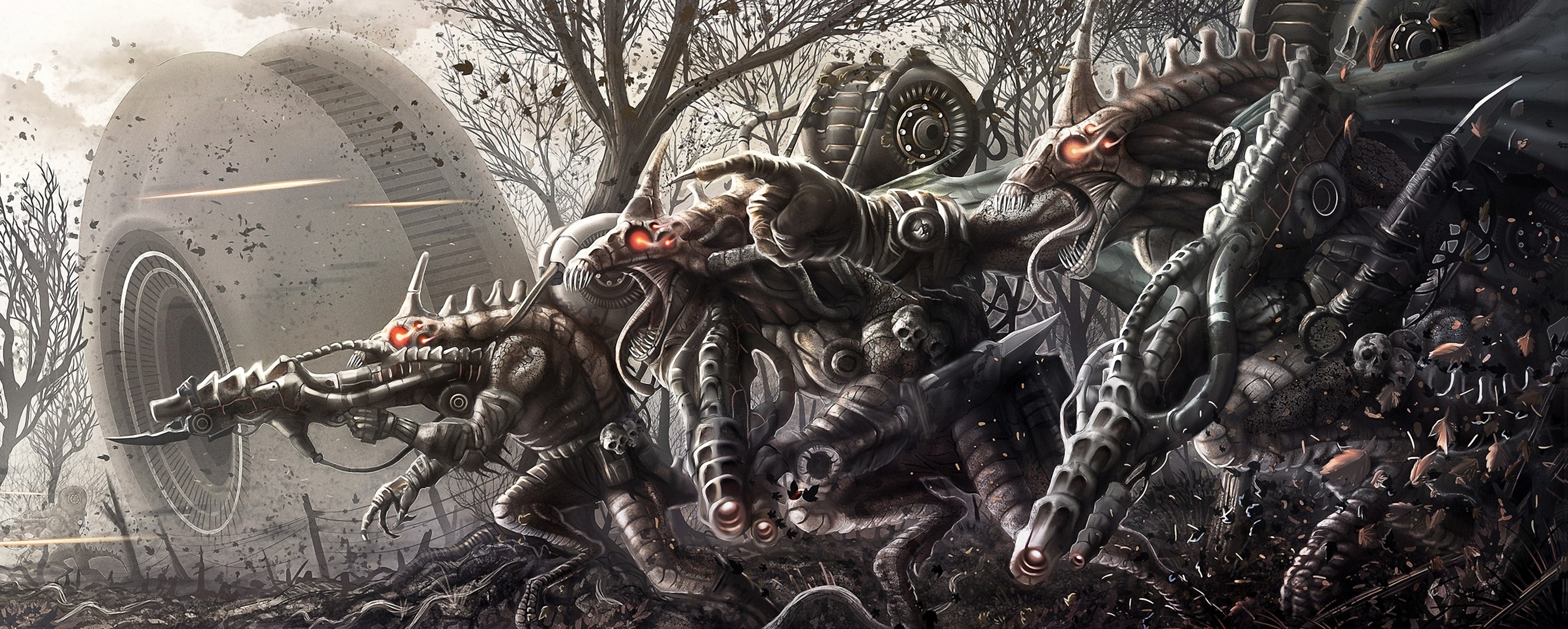 Mechanical monsters in a desolate landscape HD Wallpaper
