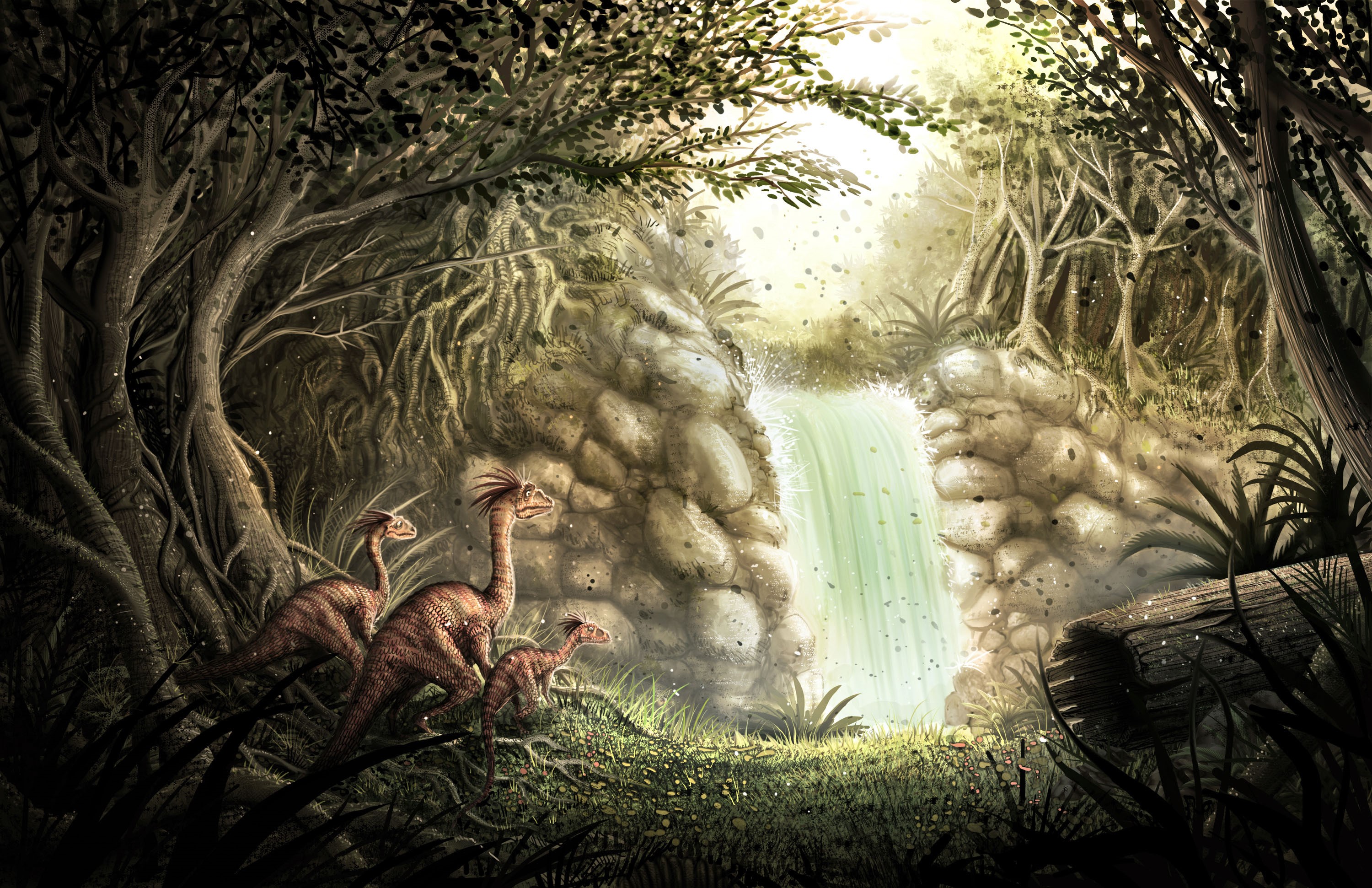 Dinosaurs in a prehistoric forest with a waterfall HD Wallpaper