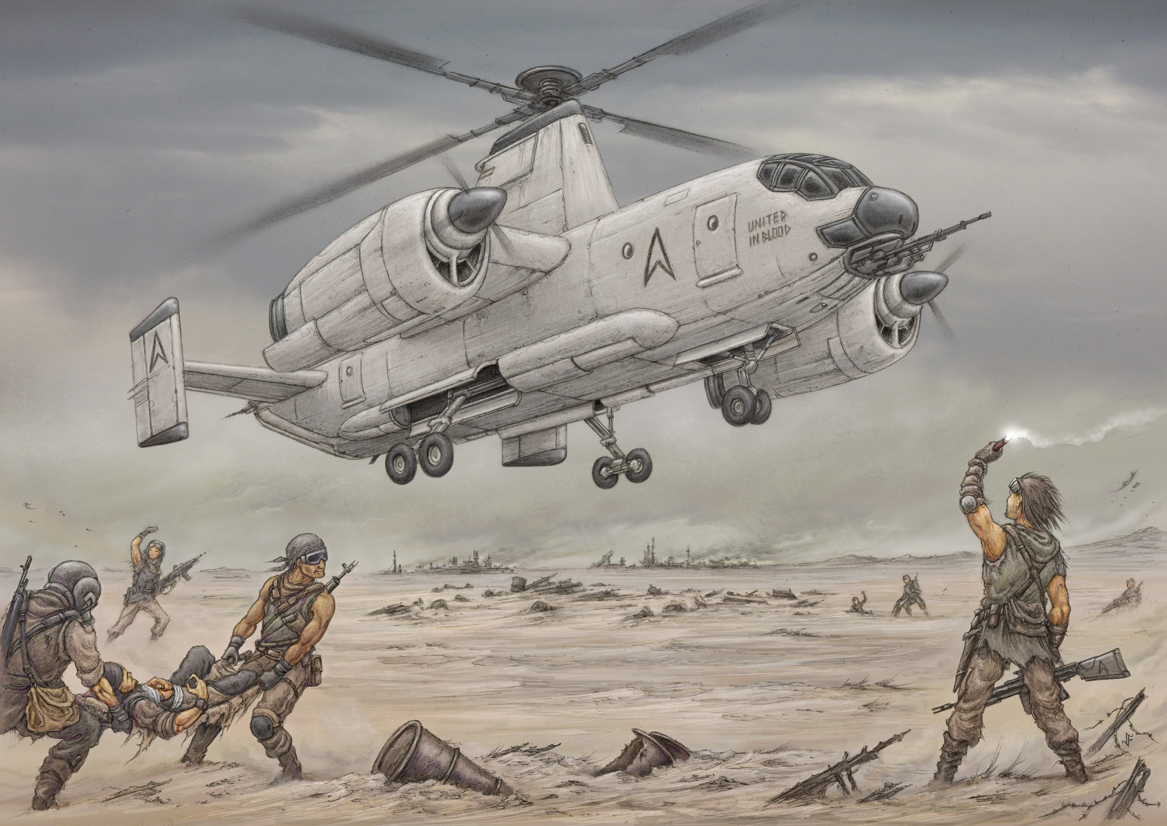 Soldiers in a desert landscape with a helicopter HD Wallpaper