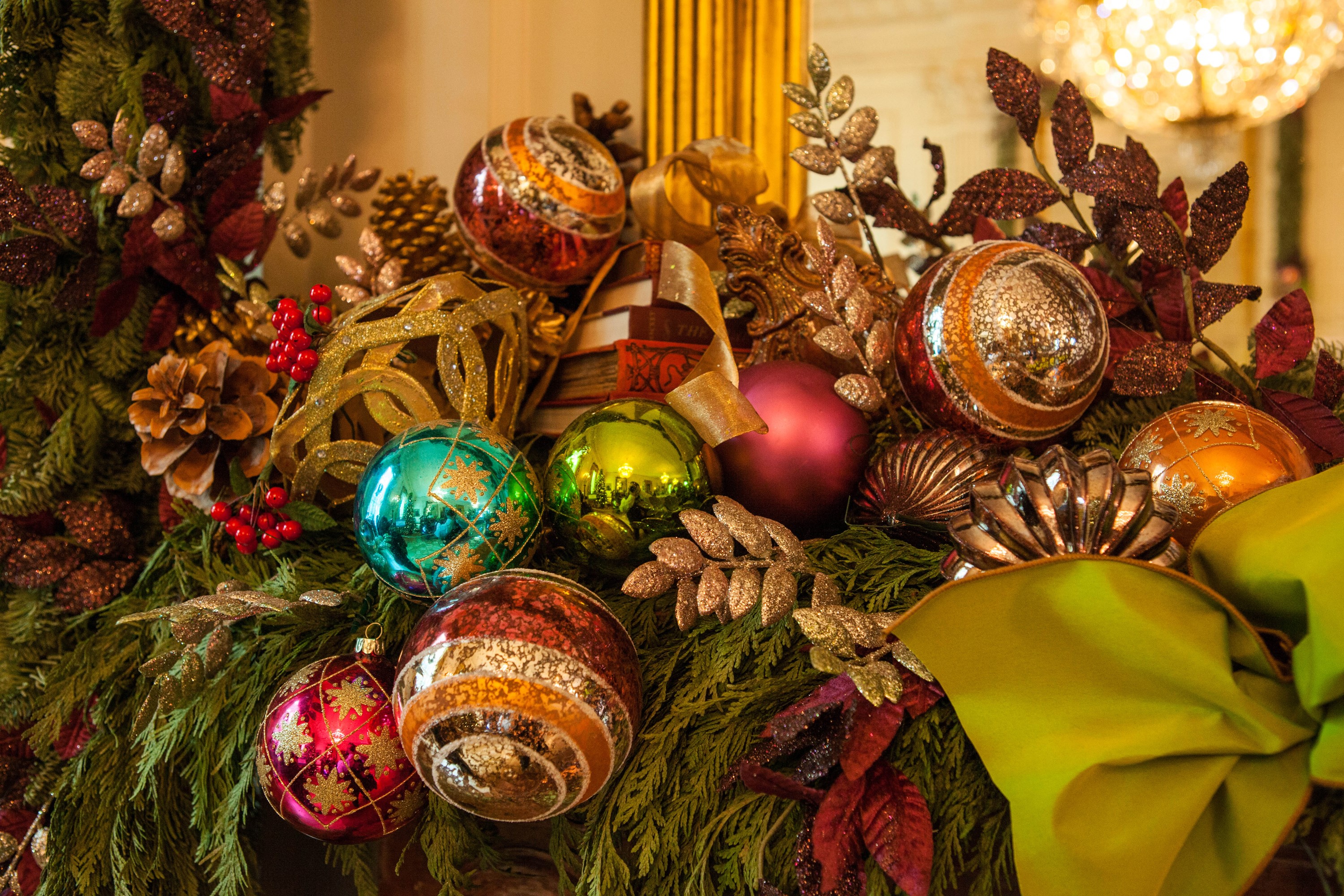 Christmas Ornaments and Greenery HD Wallpaper