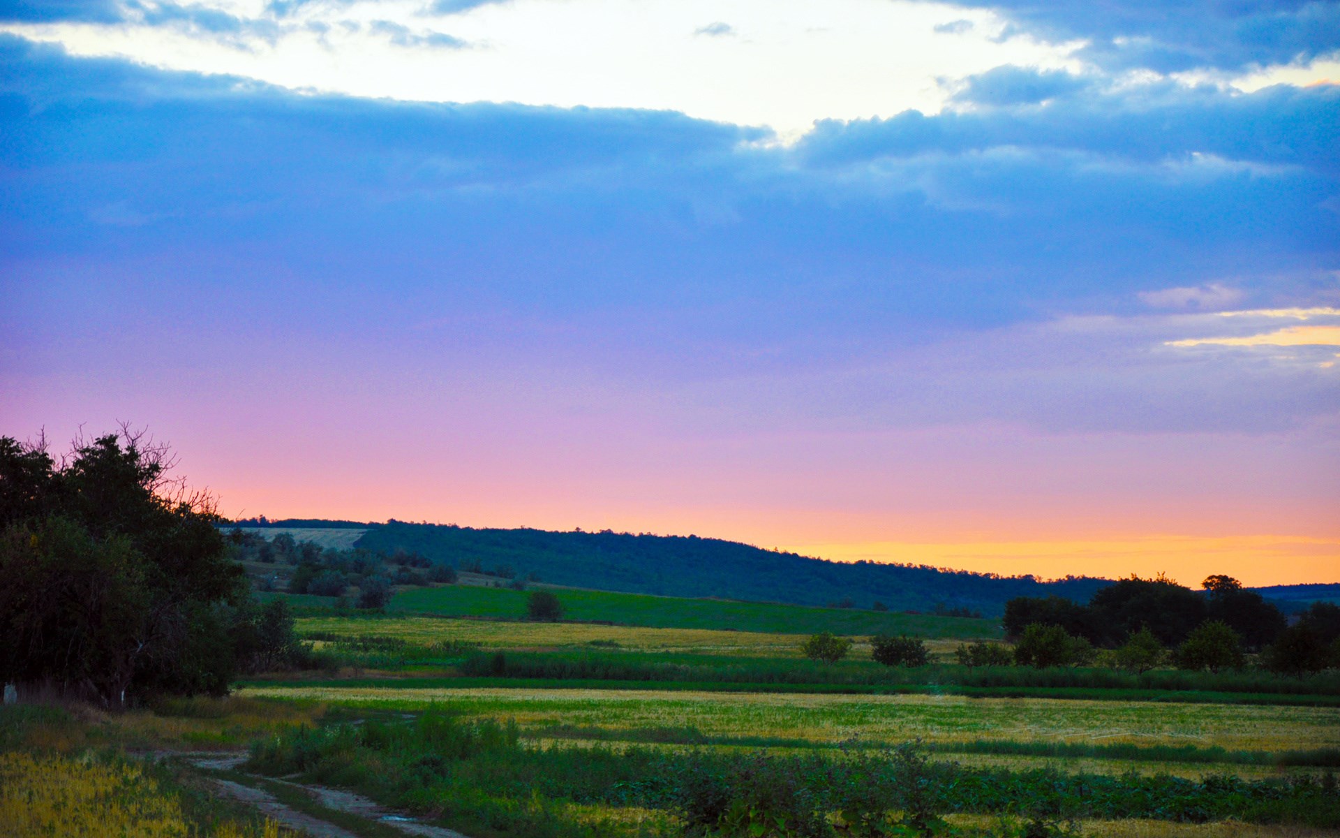 Sunset over rolling hills and fields HD Wallpaper