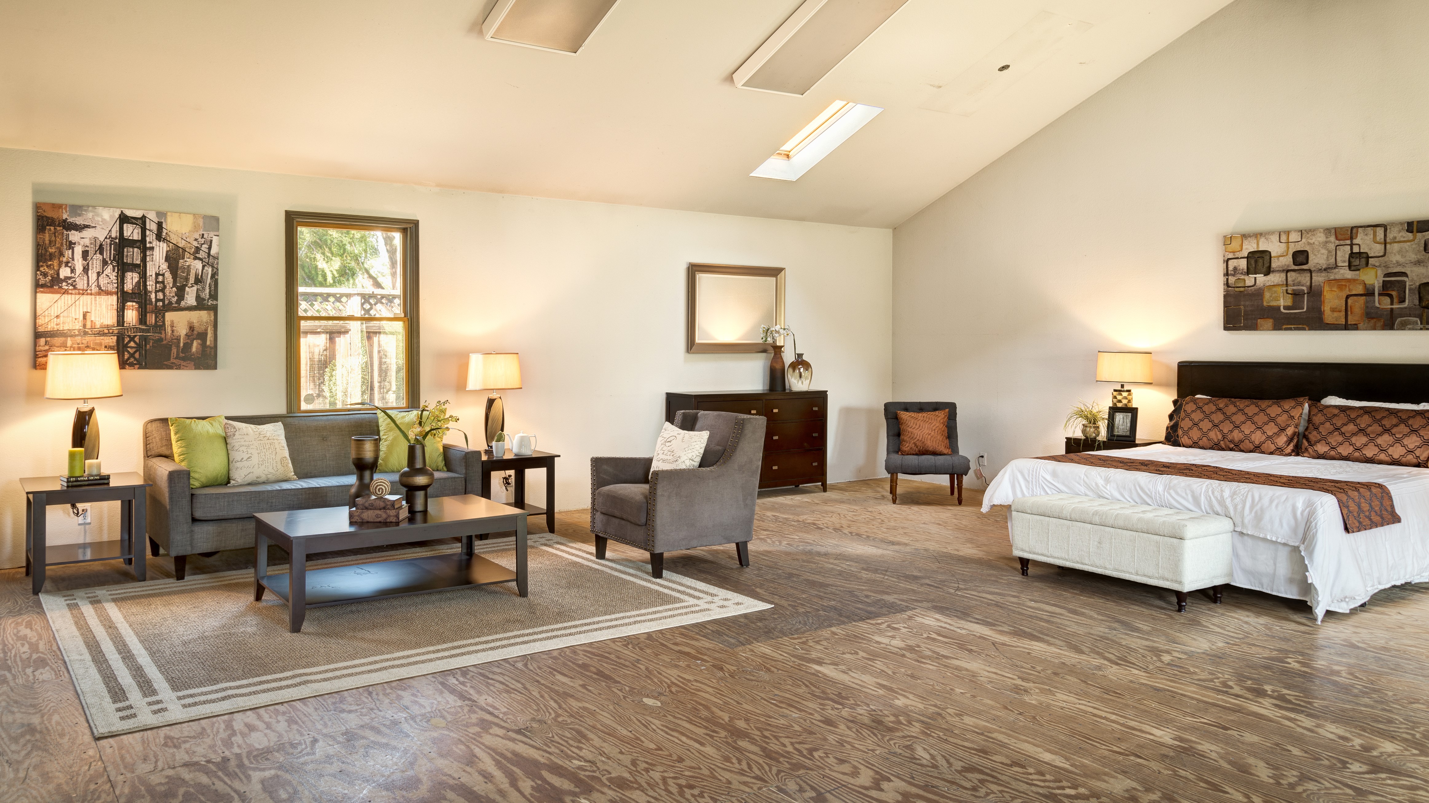 Interior design of a bedroom with a living area HD Wallpaper