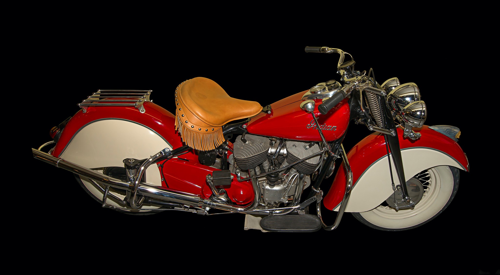 Red and white Indian motorcycle with leather seat HD Wallpaper