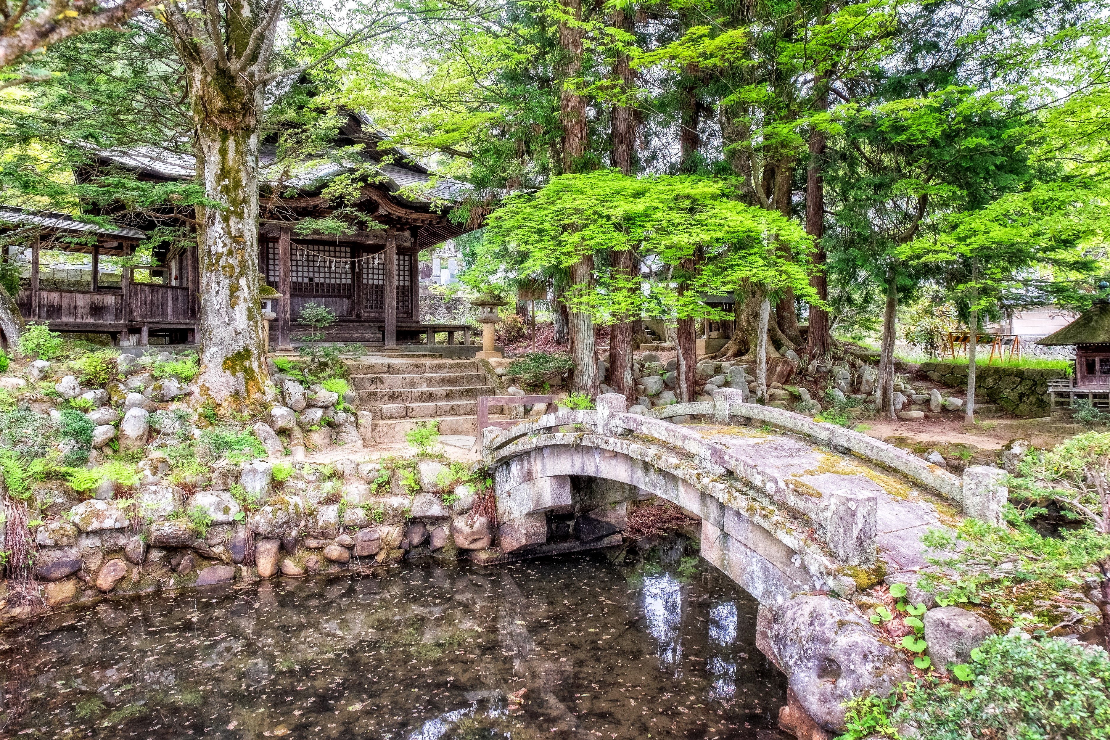 Stone bridge over pond near Japanese temple and trees HD Wallpaper