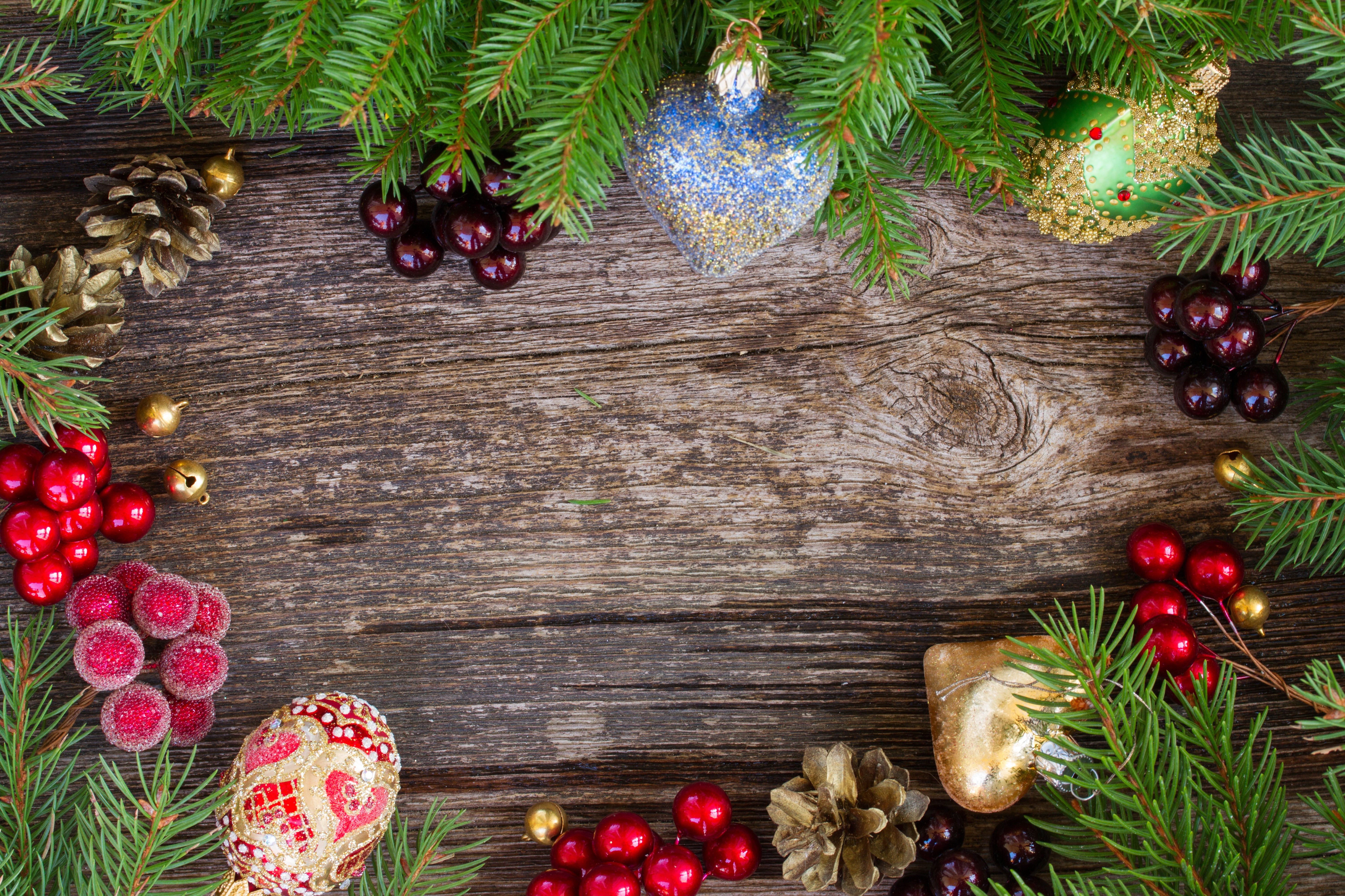Christmas Branches with Ornaments and Pine Cones HD Wallpaper