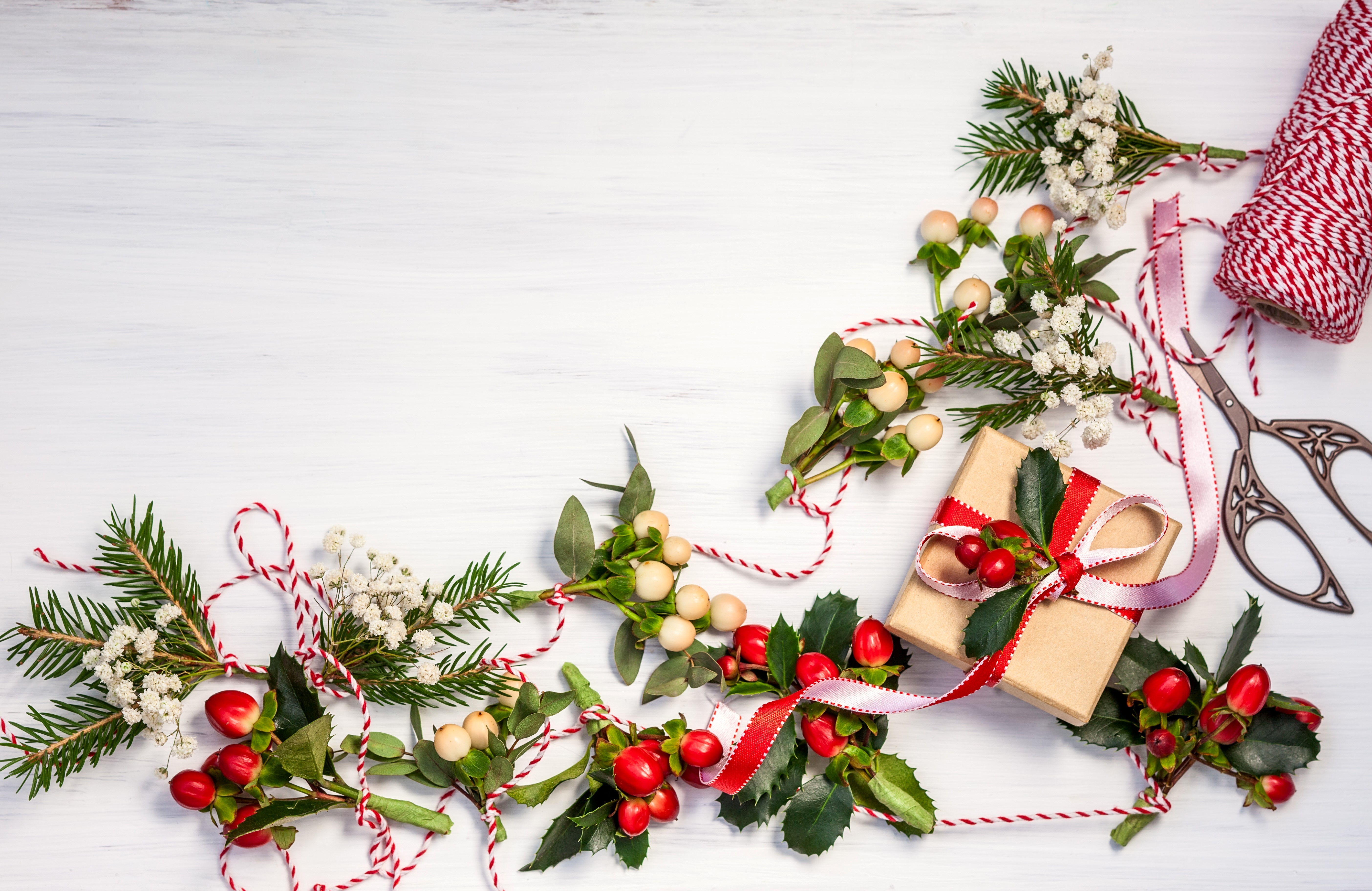 Christmas gift wrapping with branches and berries HD Wallpaper