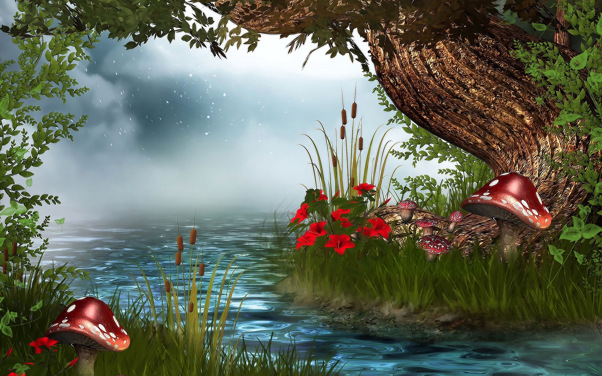 Magical forest scene with mushrooms and a river HD Wallpaper