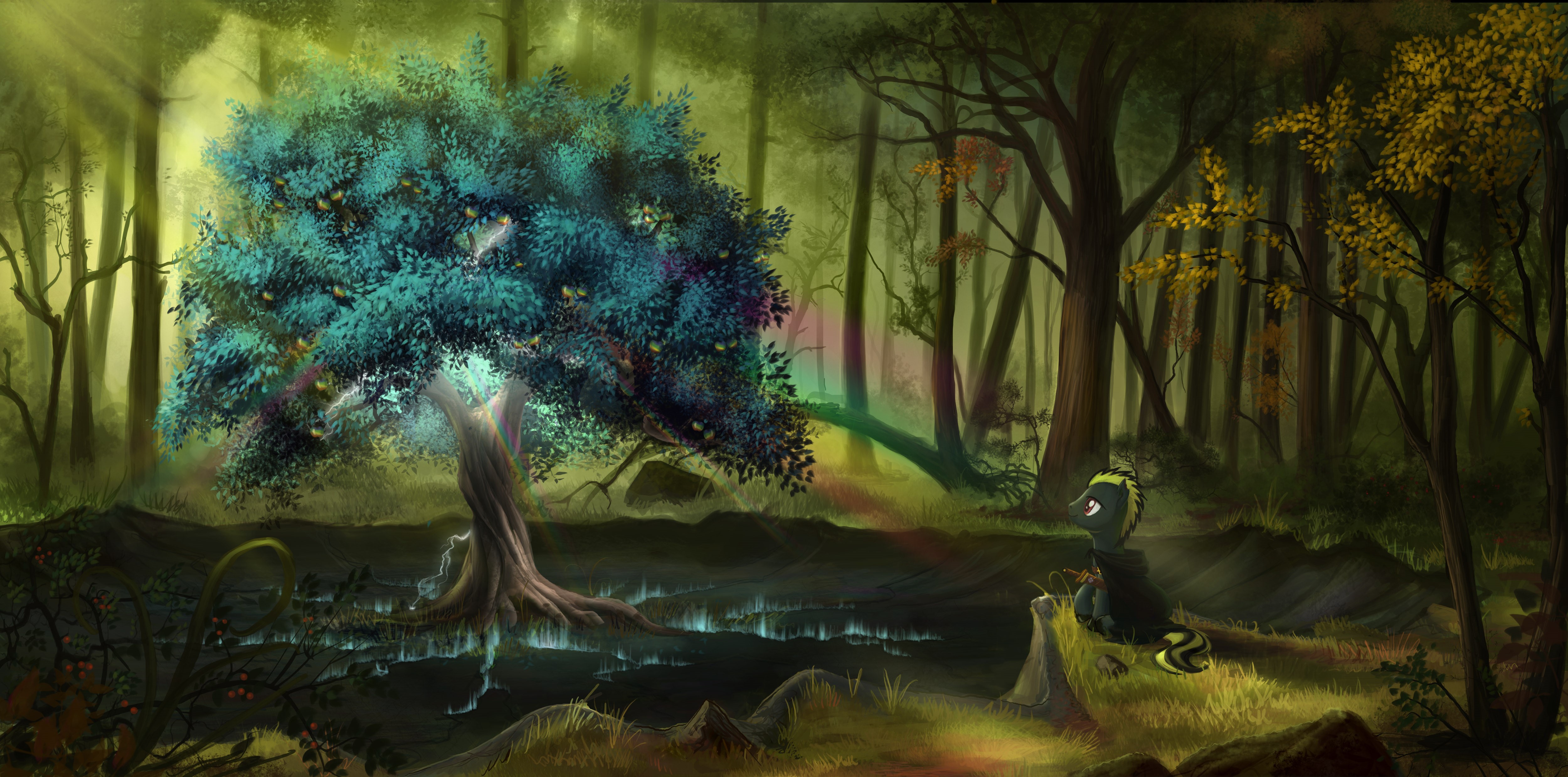 My Little Pony character in a magical forest with a rainbow HD Wallpaper