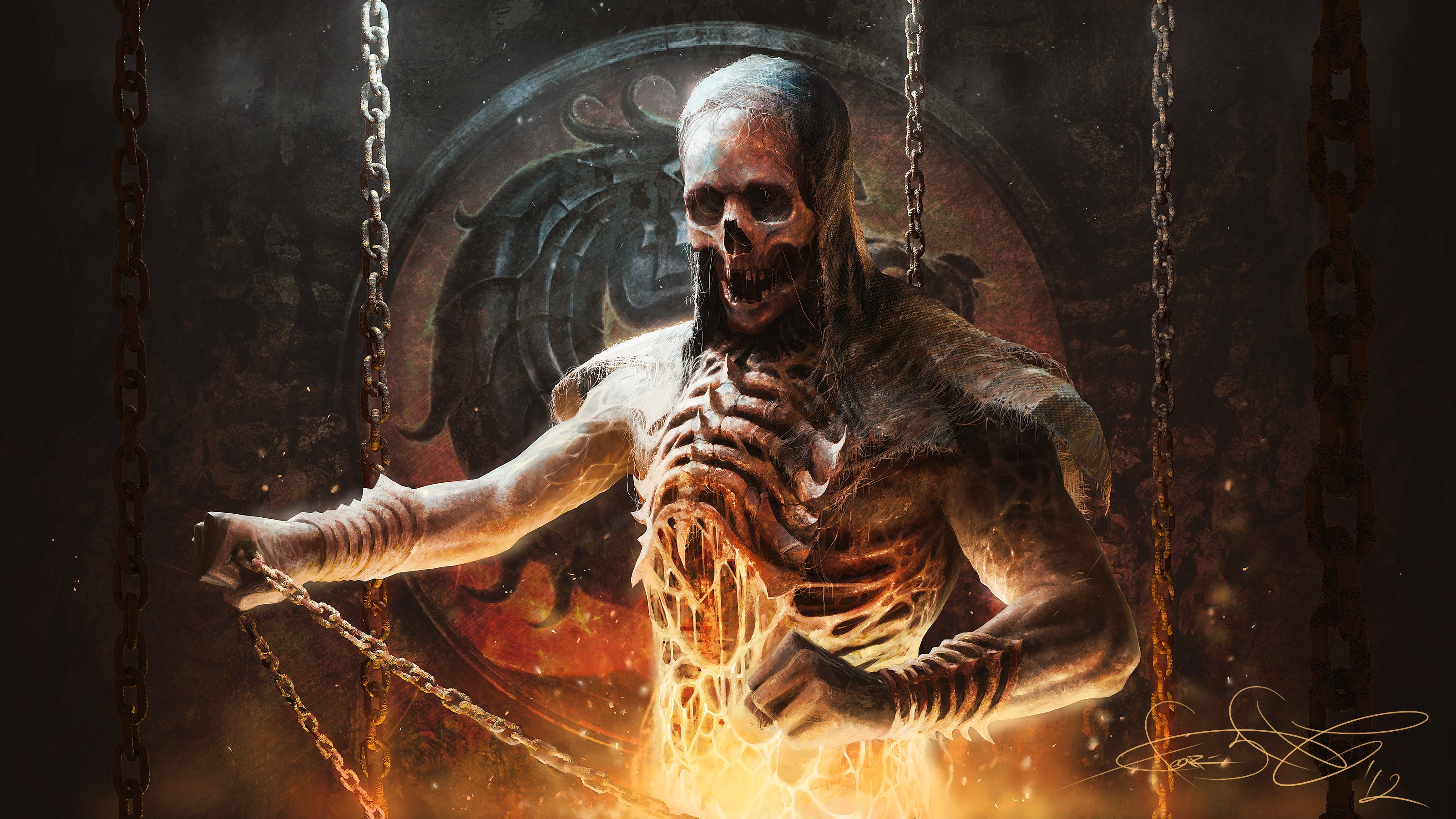 Scorpion from Mortal Kombat chained in fire HD Wallpaper