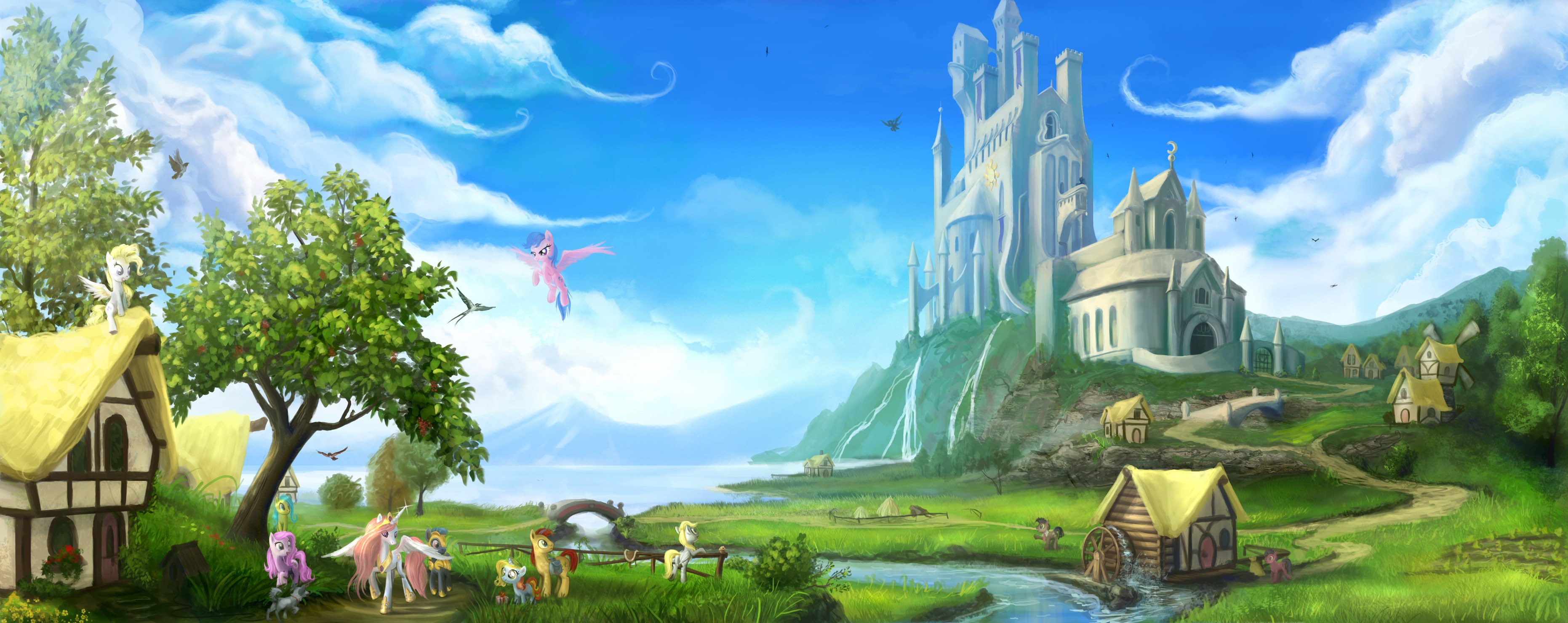 My Little Pony characters in a fantasy landscape with a castle HD Wallpaper