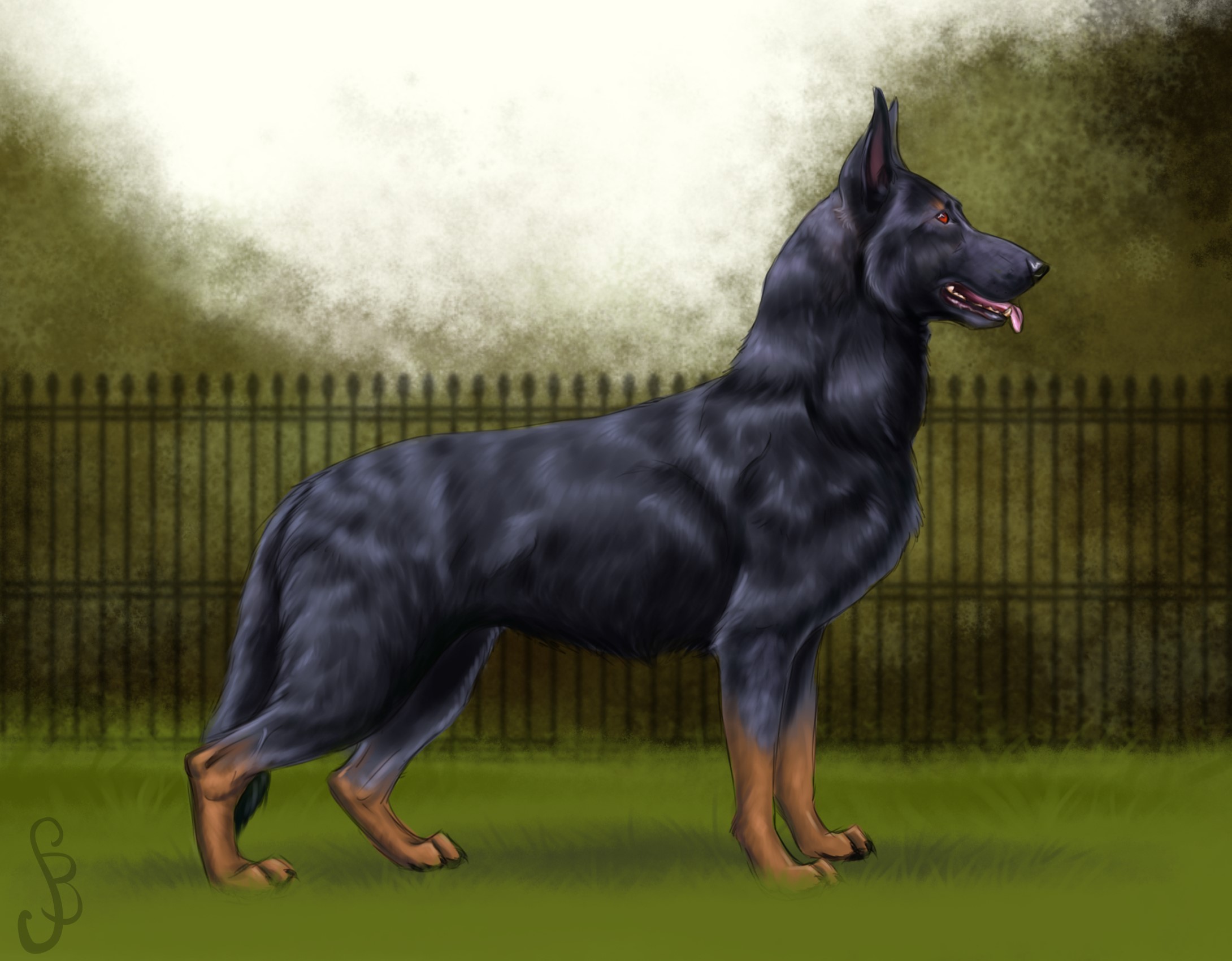 Painting of a black German Shepherd dog HD Wallpaper