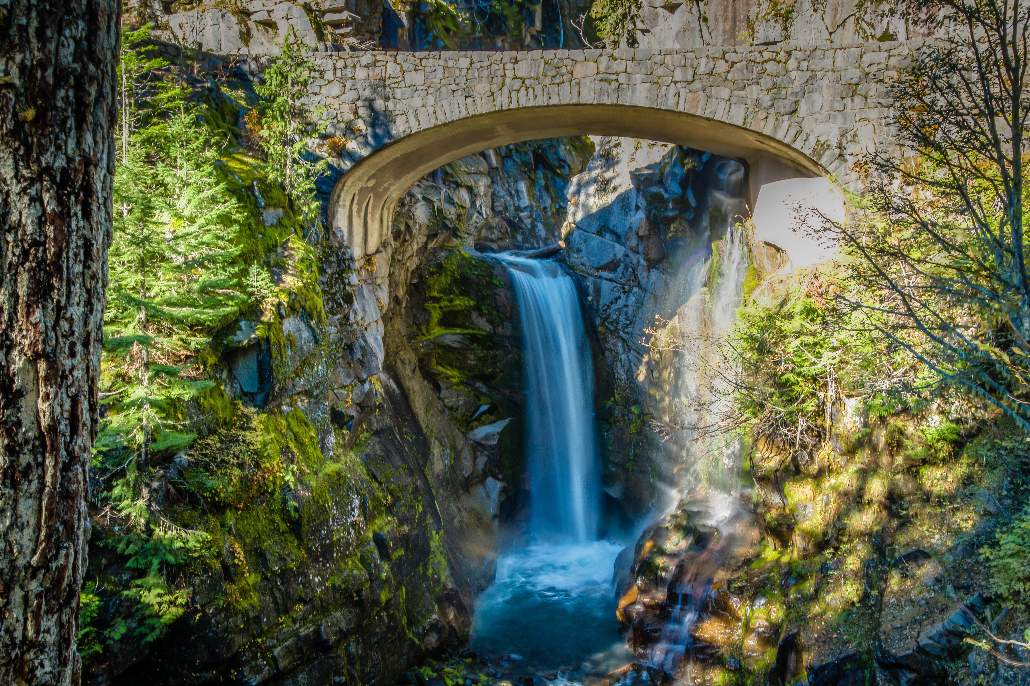 Christine Falls Bridge over Waterfall in Mount Rainier Park HD Wallpaper