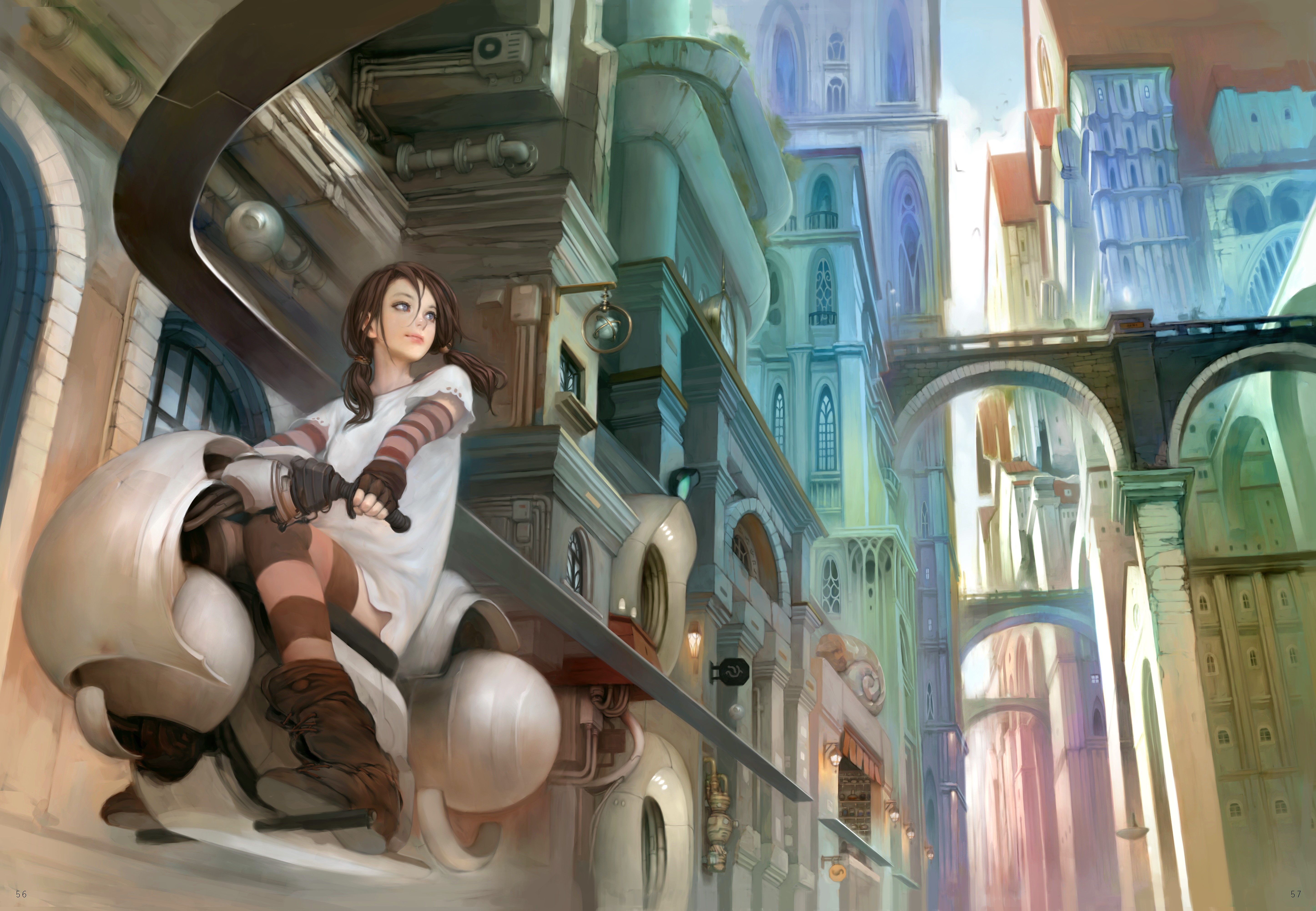 Girl on a futuristic vehicle in a fantasy city HD Wallpaper