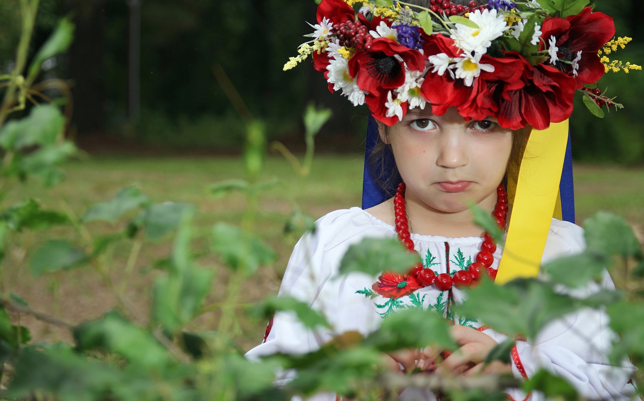 Girl in Ukrainian traditional clothing with flower crown HD Wallpaper