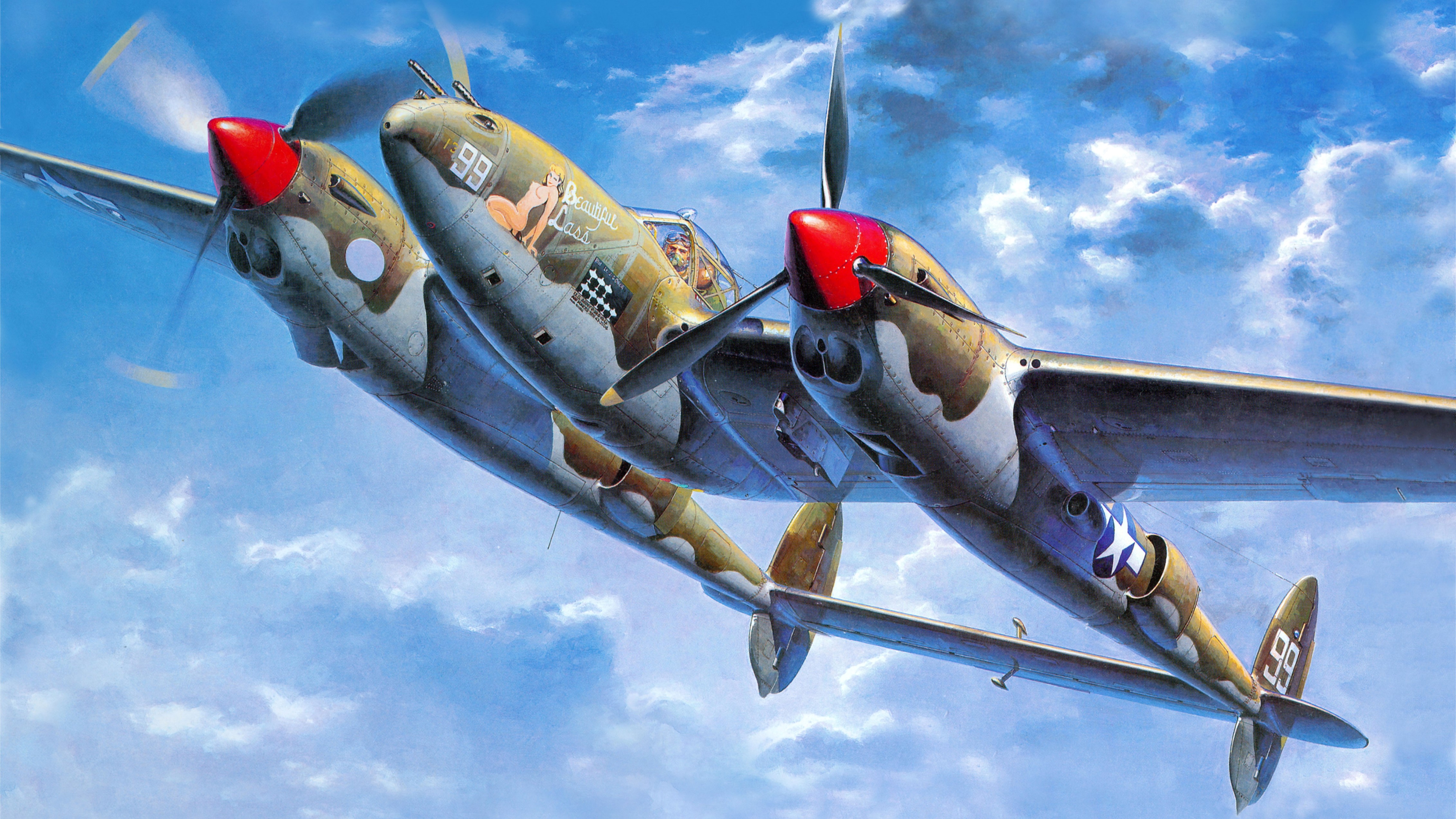 4K Painting of a Lockheed P-38 Lightning Fighter Airplane HD Wallpaper