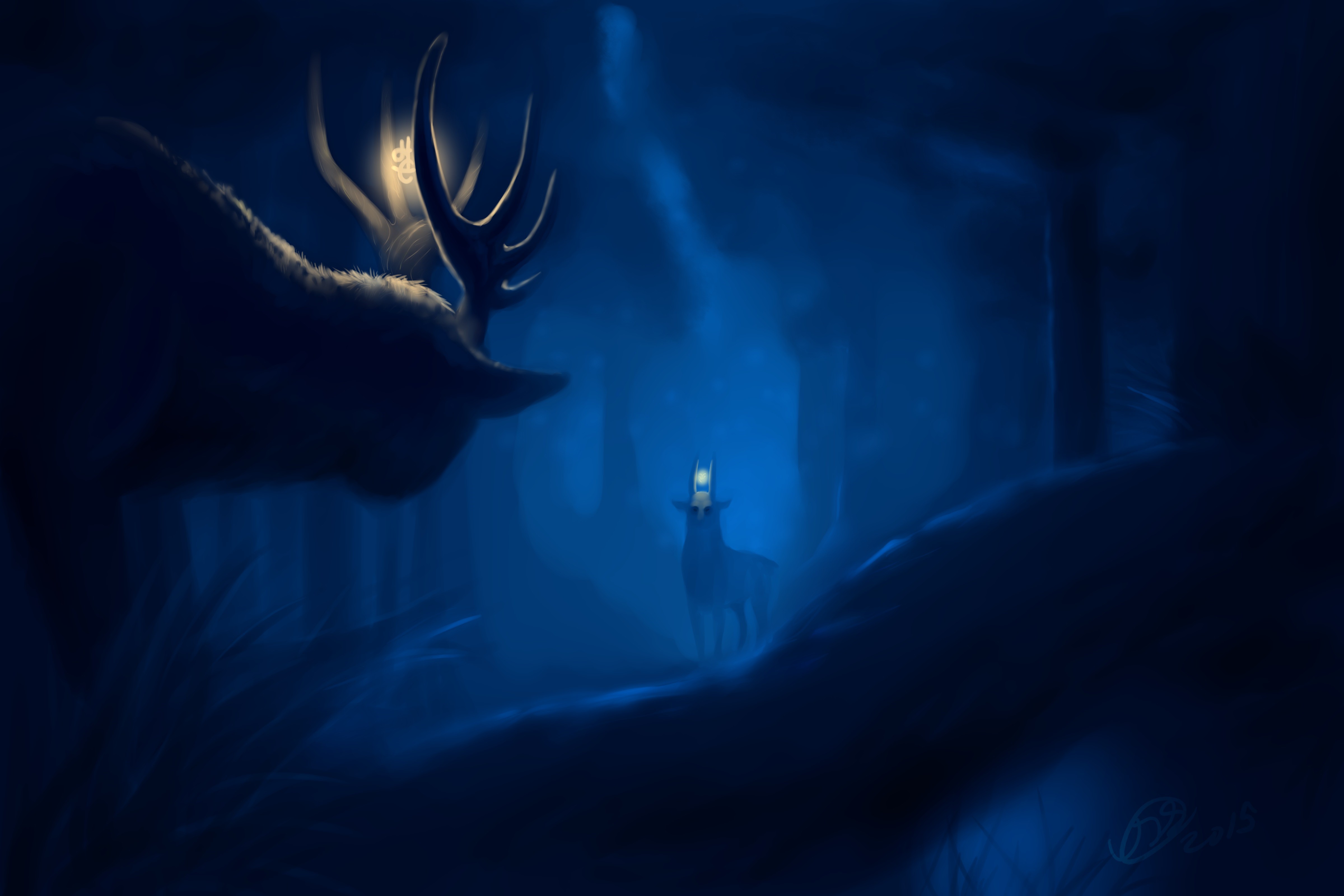 Two deer with glowing antlers in a dark forest HD Wallpaper