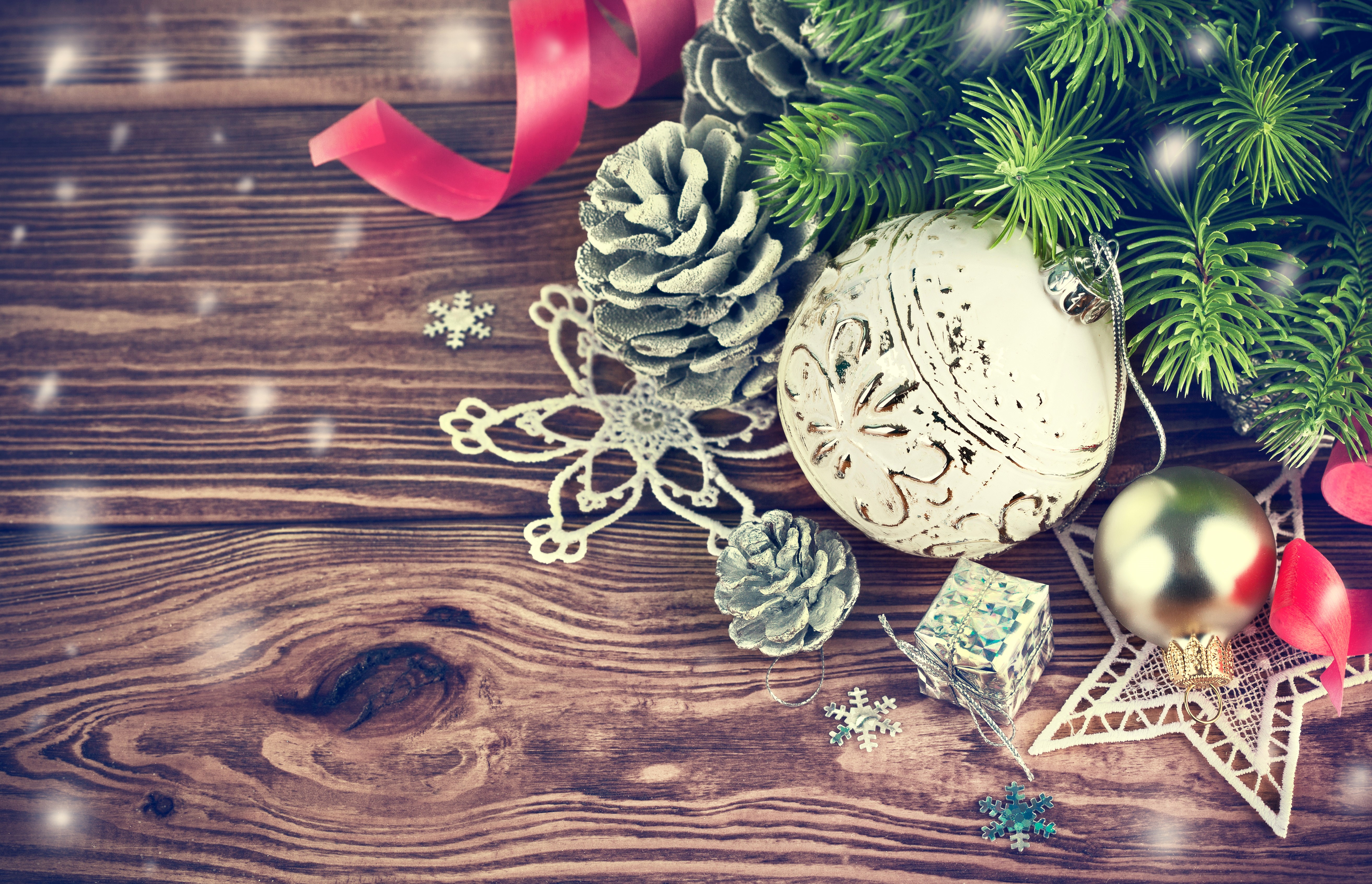 Christmas Decorations on Wooden Background HD Wallpaper