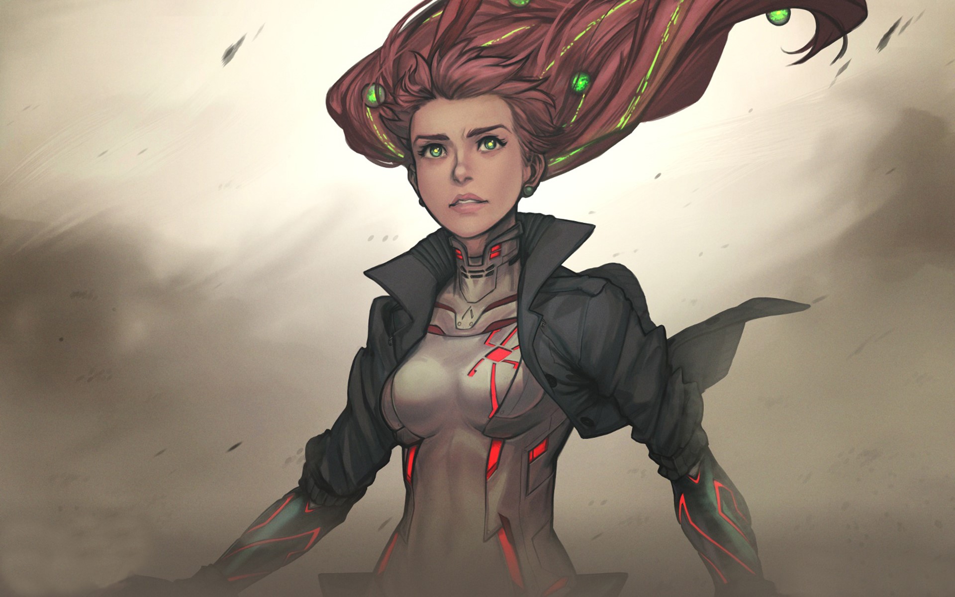 Woman with red hair and cybernetic suit HD Wallpaper