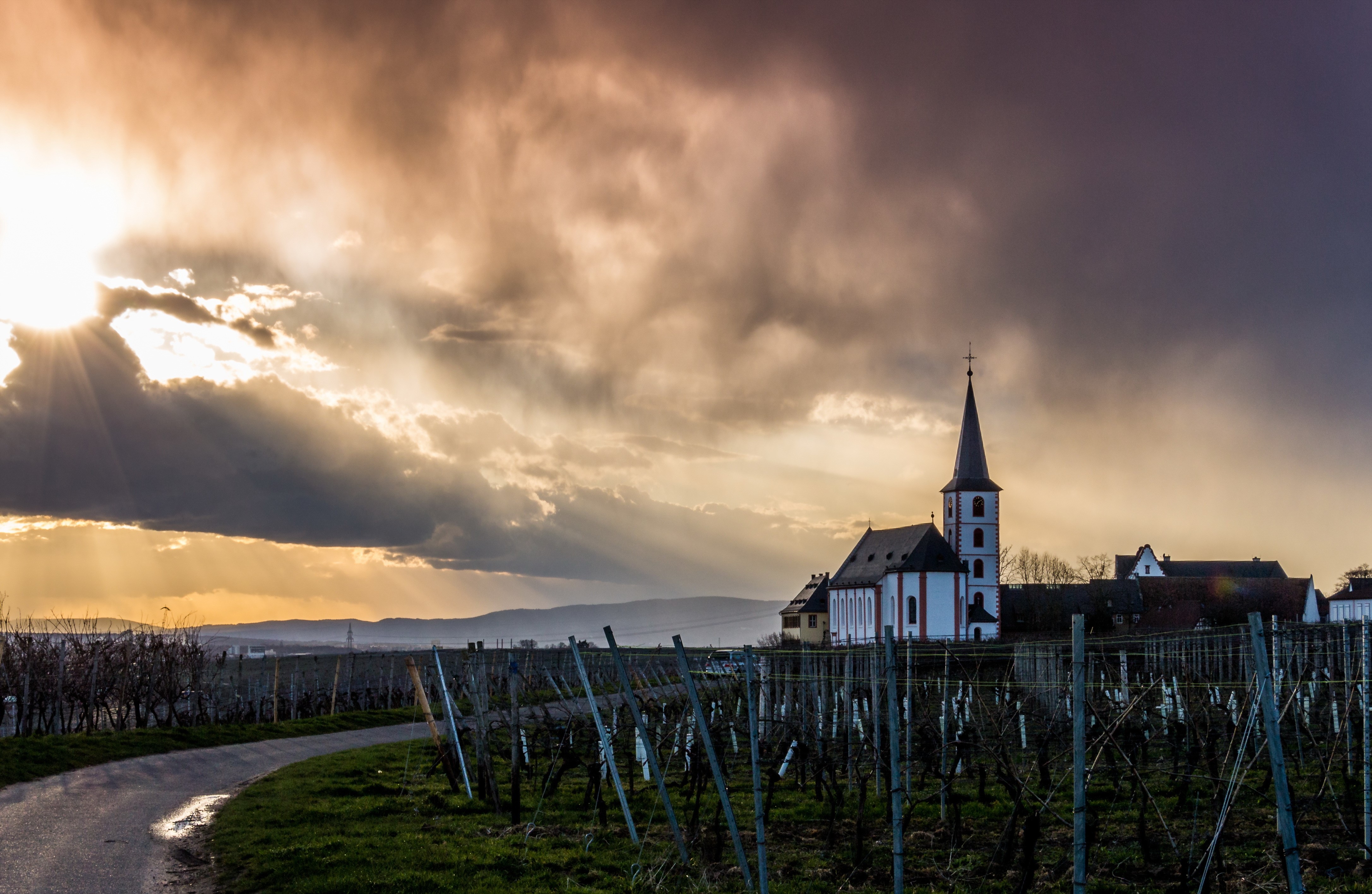 Church in Germany during Hessen Sunset with Clouds HD Wallpaper